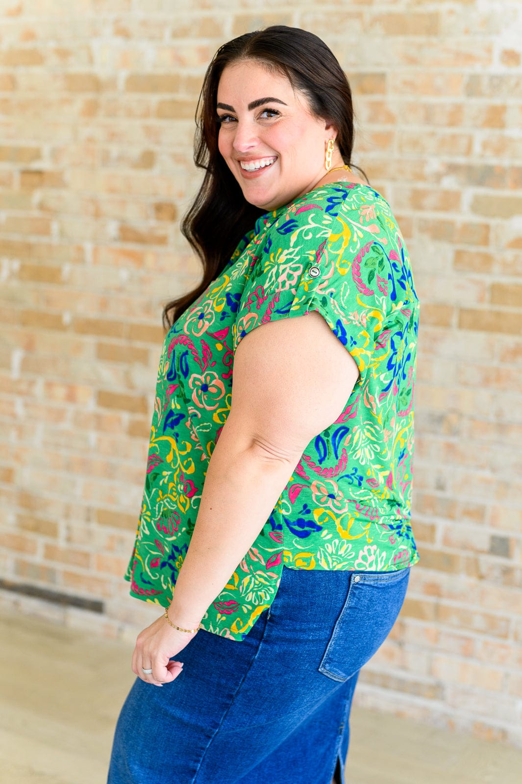Lizzy Cap Sleeve Top in Green and Royal Watercolor Floral-Tops-Stay Foxy Boutique, Florissant, Missouri