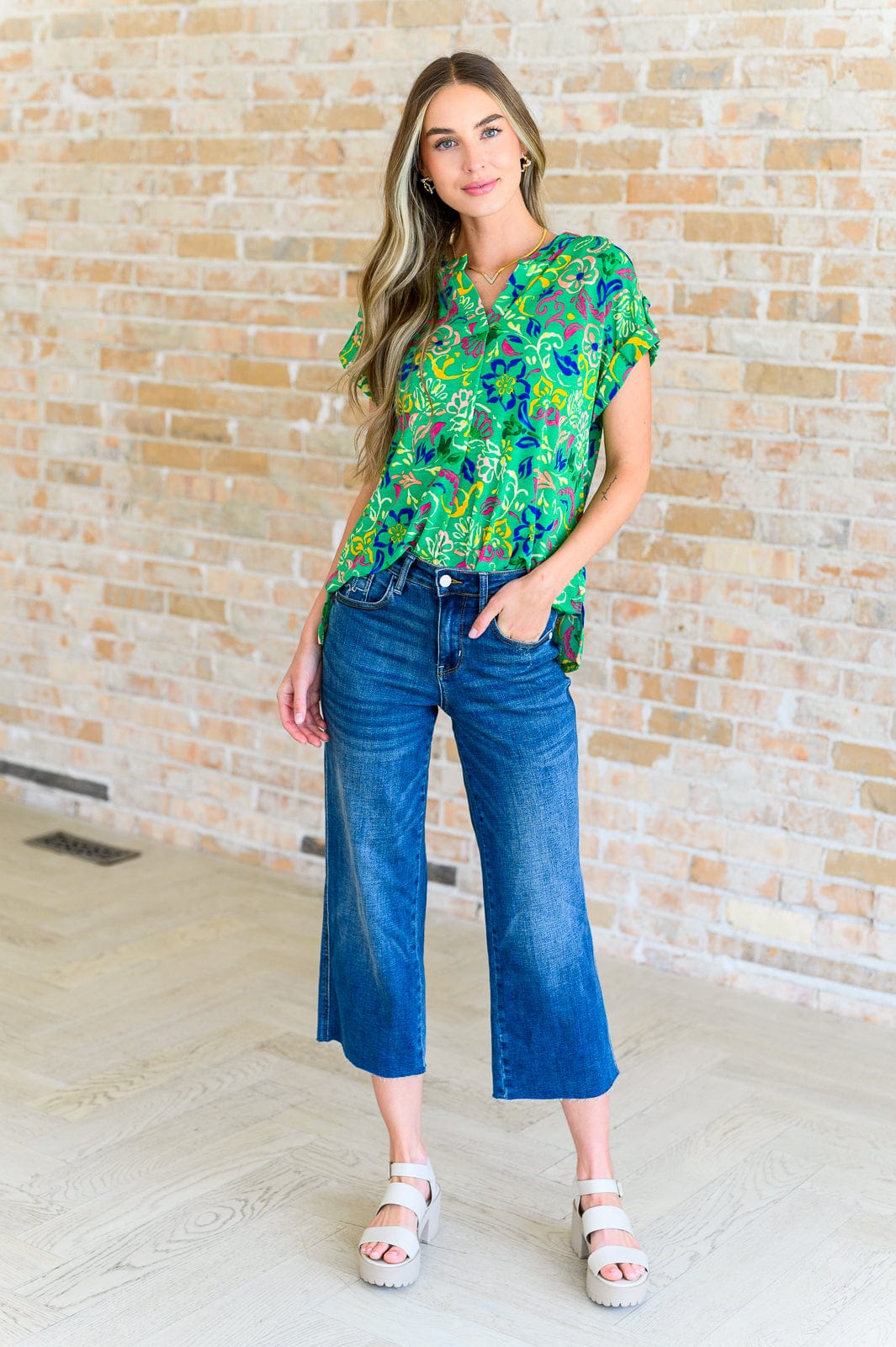 Lizzy Cap Sleeve Top in Green and Royal Watercolor Floral-Tops-Stay Foxy Boutique, Florissant, Missouri