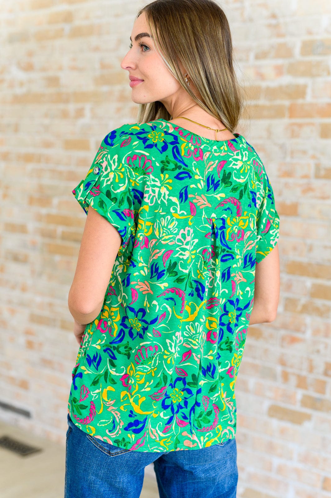 Lizzy Cap Sleeve Top in Green and Royal Watercolor Floral-Tops-Stay Foxy Boutique, Florissant, Missouri