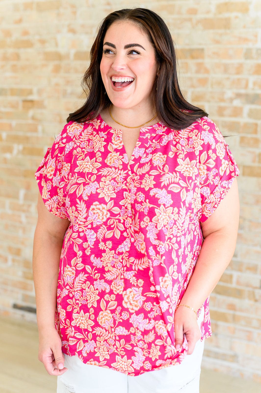 Lizzy Cap Sleeve Top in Pink and Peach Floral-Tops-Stay Foxy Boutique, Florissant, Missouri