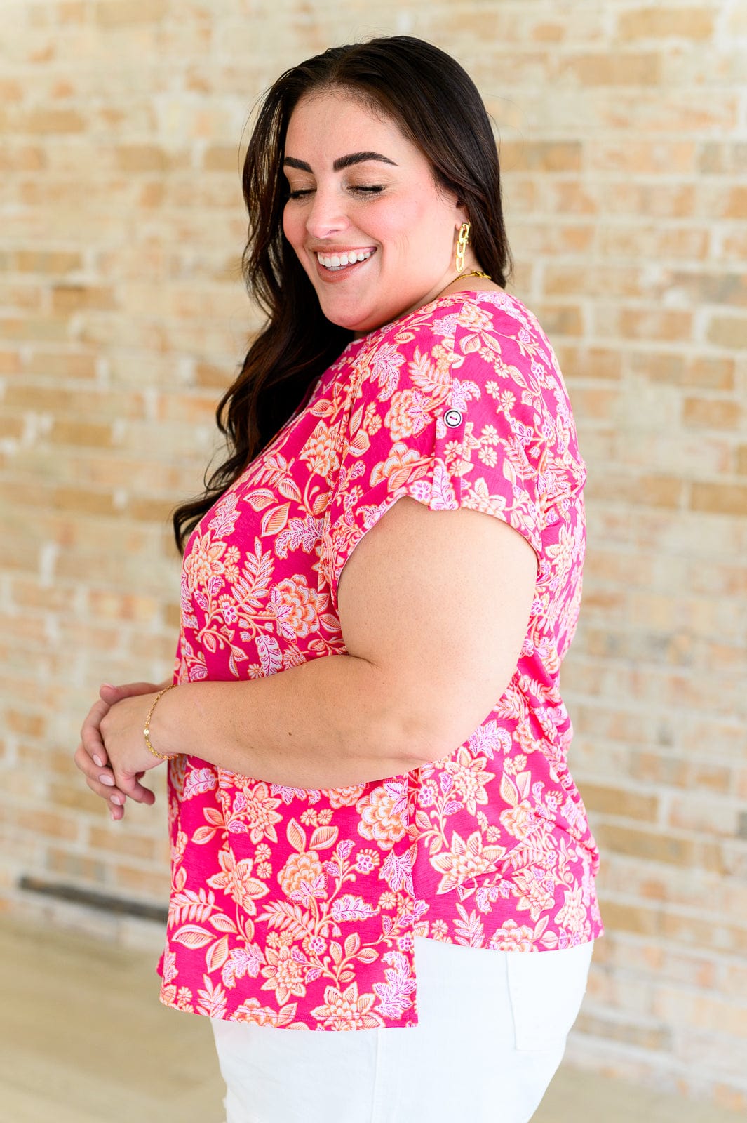 Lizzy Cap Sleeve Top in Pink and Peach Floral-Tops-Stay Foxy Boutique, Florissant, Missouri