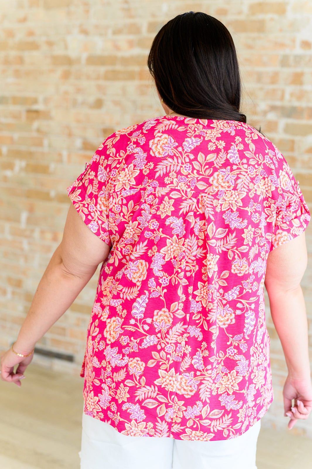 Lizzy Cap Sleeve Top in Pink and Peach Floral-Tops-Stay Foxy Boutique, Florissant, Missouri