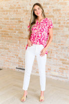 Lizzy Cap Sleeve Top in Pink and Peach Floral-Tops-Stay Foxy Boutique, Florissant, Missouri