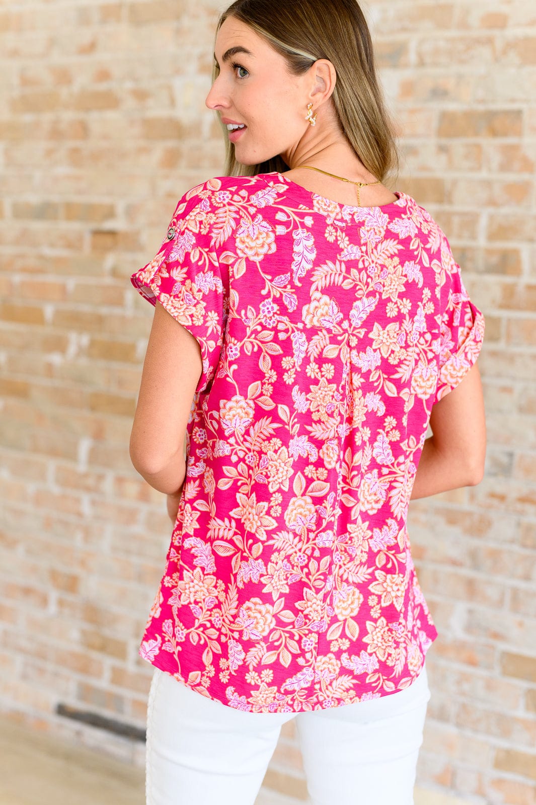 Lizzy Cap Sleeve Top in Pink and Peach Floral-Tops-Stay Foxy Boutique, Florissant, Missouri