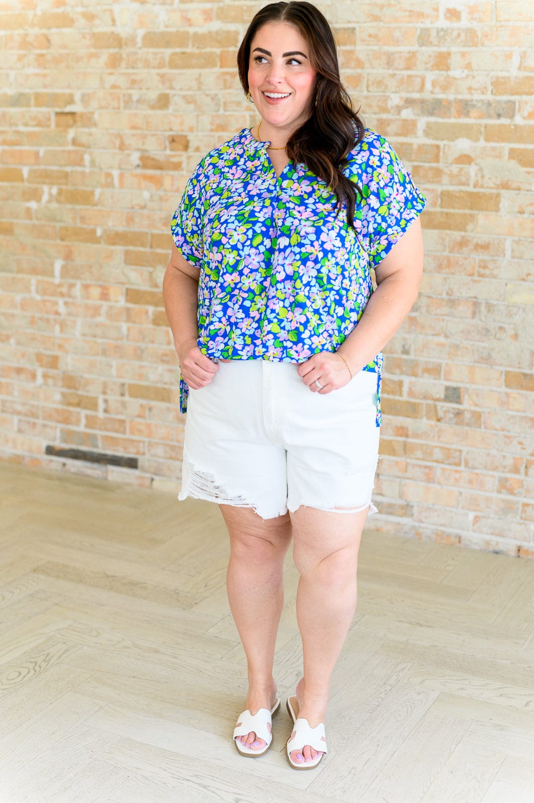 Lizzy Cap Sleeve Top in Royal and Pink Wildflower-Tops-Stay Foxy Boutique, Florissant, Missouri