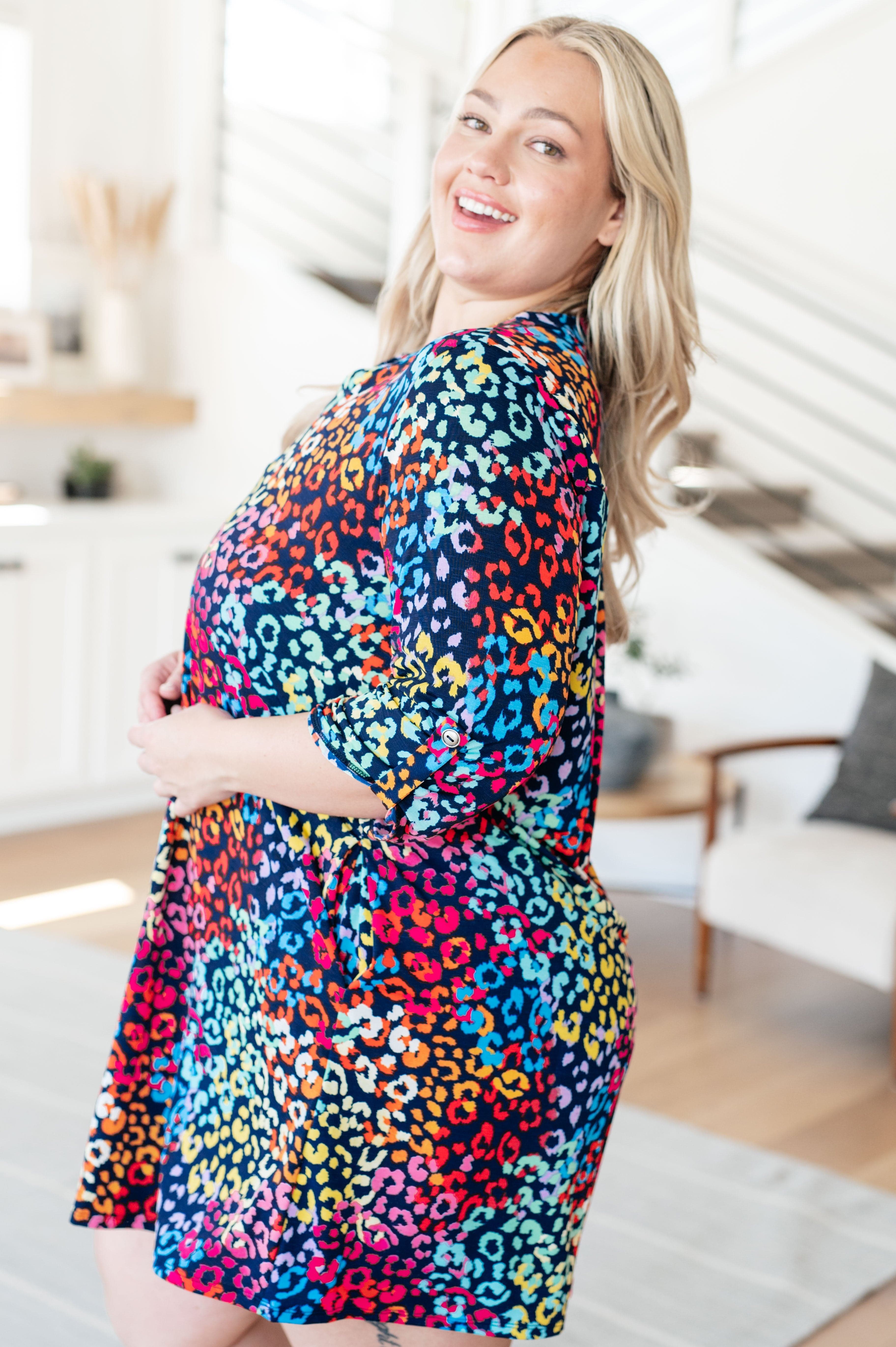 Lizzy Dress in Navy Rainbow Leopard-Dresses-Stay Foxy Boutique, Florissant, Missouri