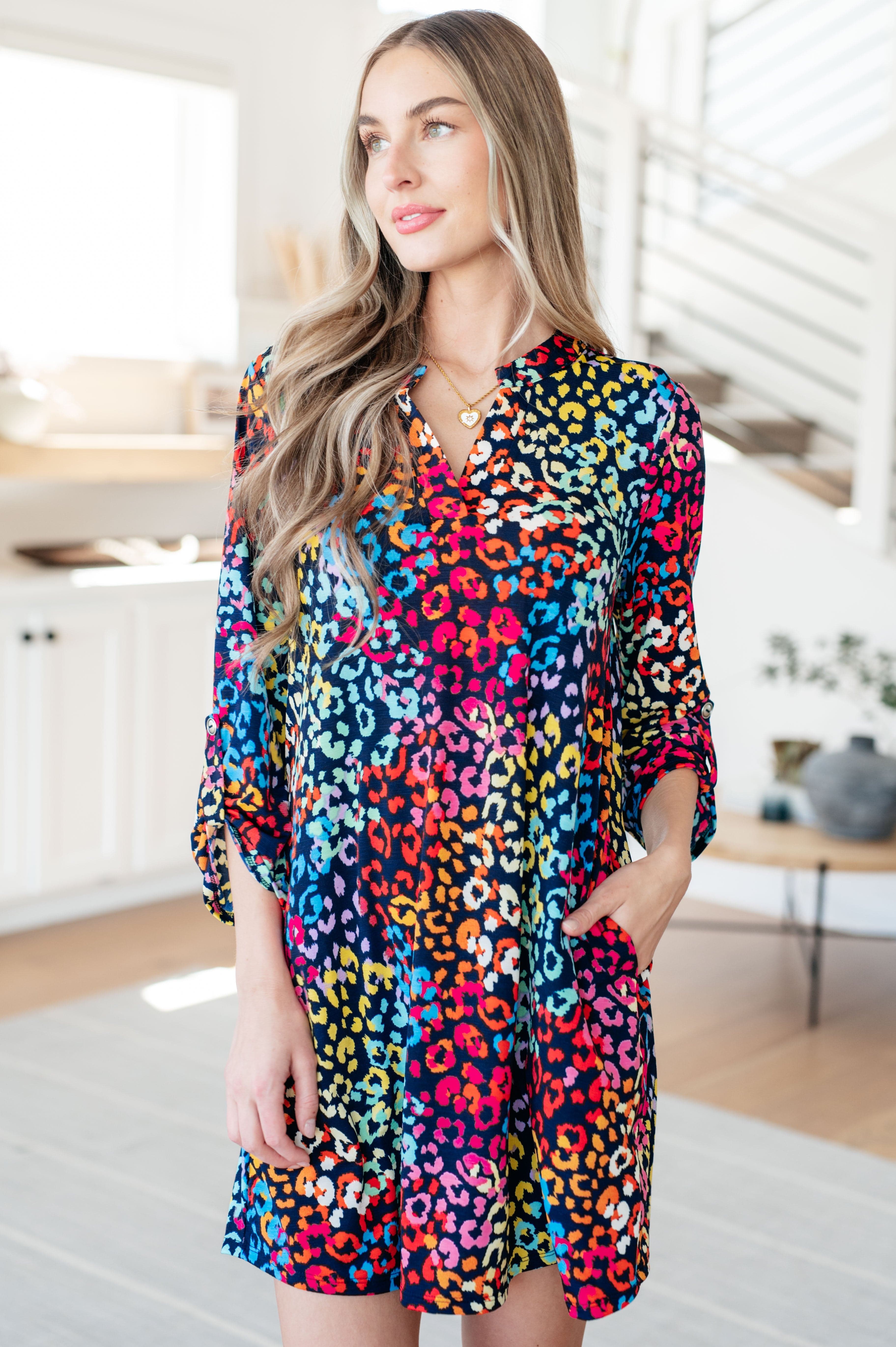 Lizzy Dress in Navy Rainbow Leopard-Dresses-Stay Foxy Boutique, Florissant, Missouri