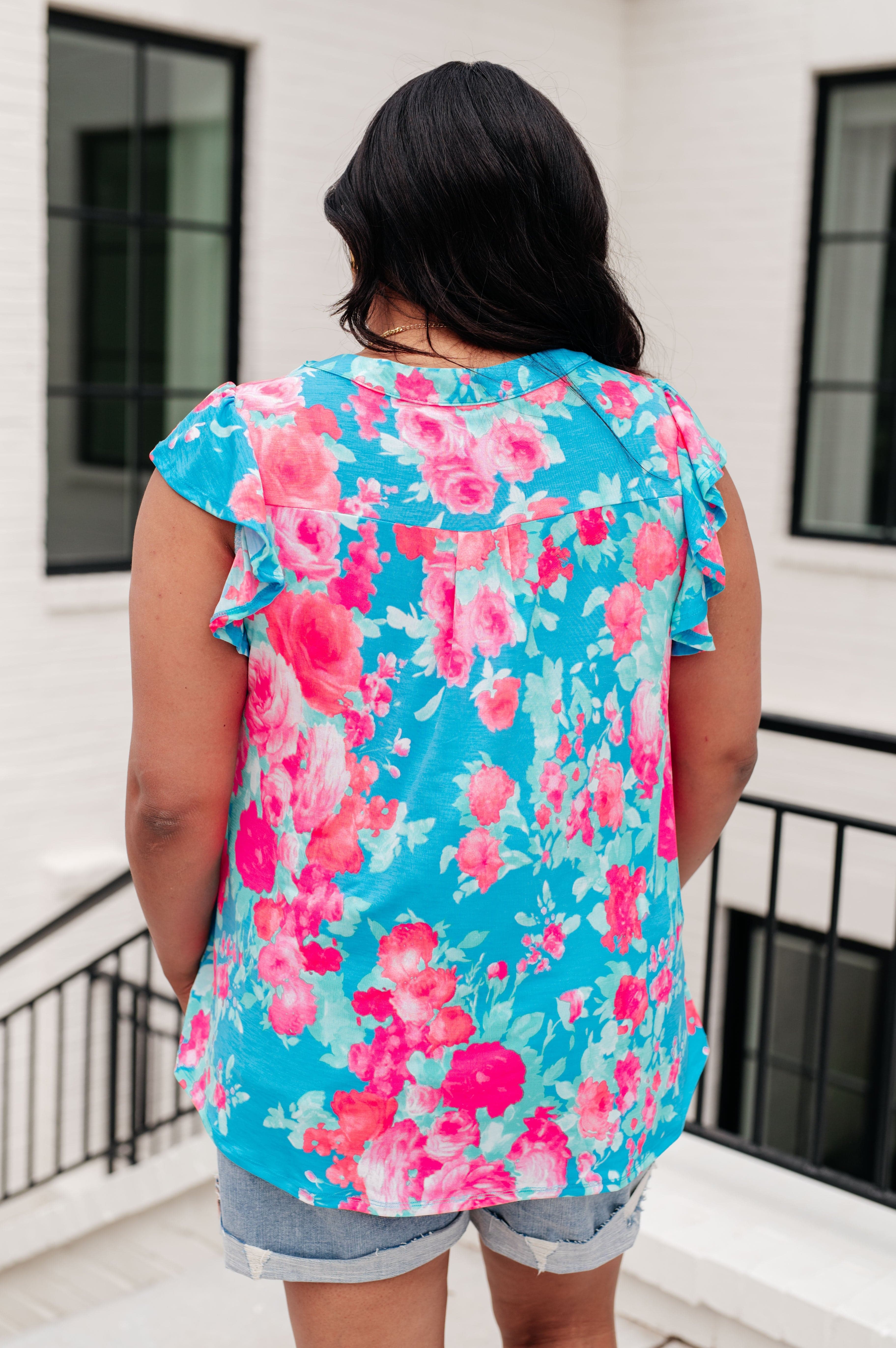 Lizzy Flutter Sleeve Top in Blue and Pink Roses-Tops-Stay Foxy Boutique, Florissant, Missouri