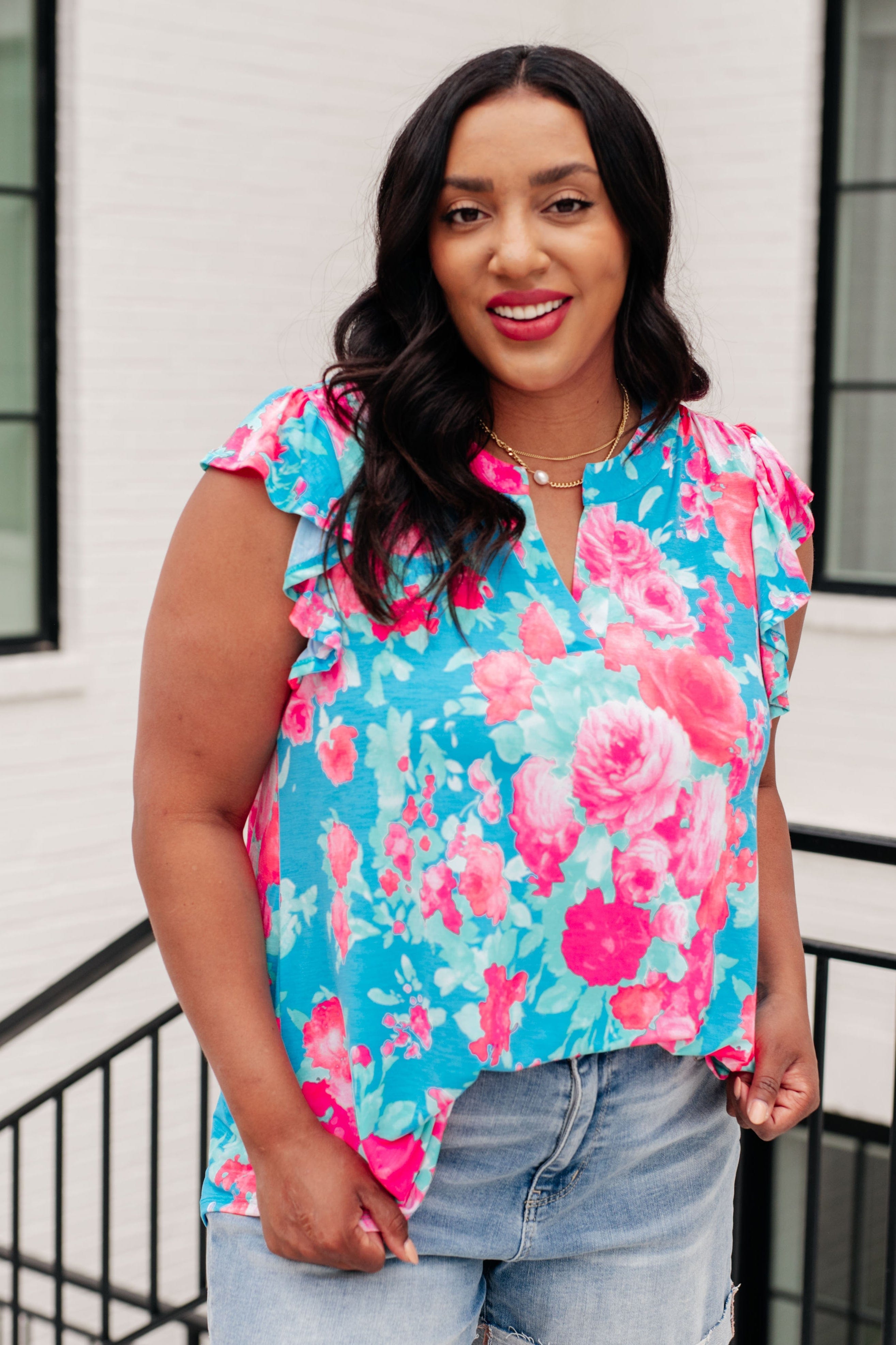 Lizzy Flutter Sleeve Top in Blue and Pink Roses-Tops-Stay Foxy Boutique, Florissant, Missouri