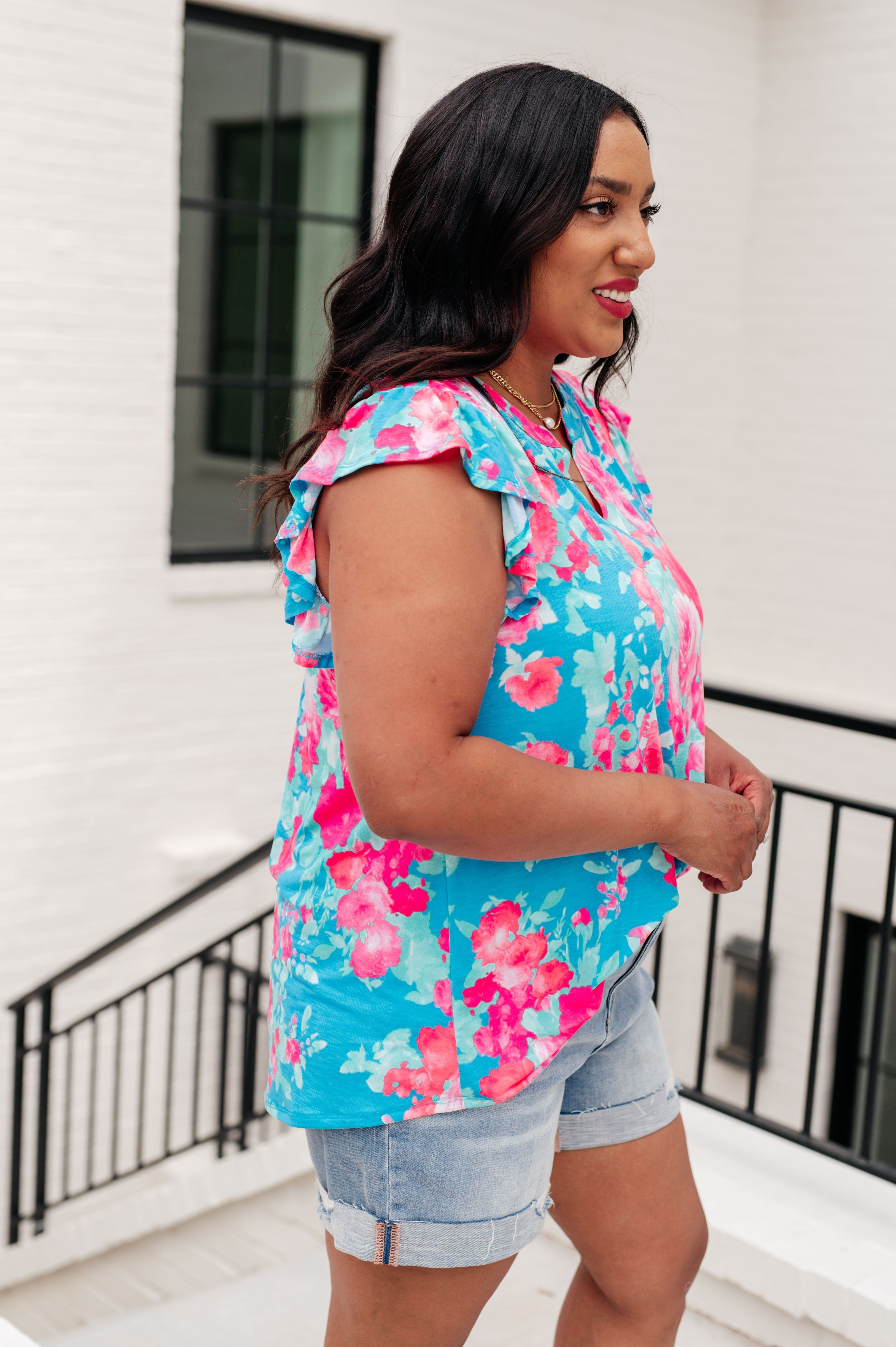 Lizzy Flutter Sleeve Top in Blue and Pink Roses-Tops-Stay Foxy Boutique, Florissant, Missouri