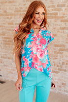 Lizzy Flutter Sleeve Top in Blue and Pink Roses-Tops-Stay Foxy Boutique, Florissant, Missouri