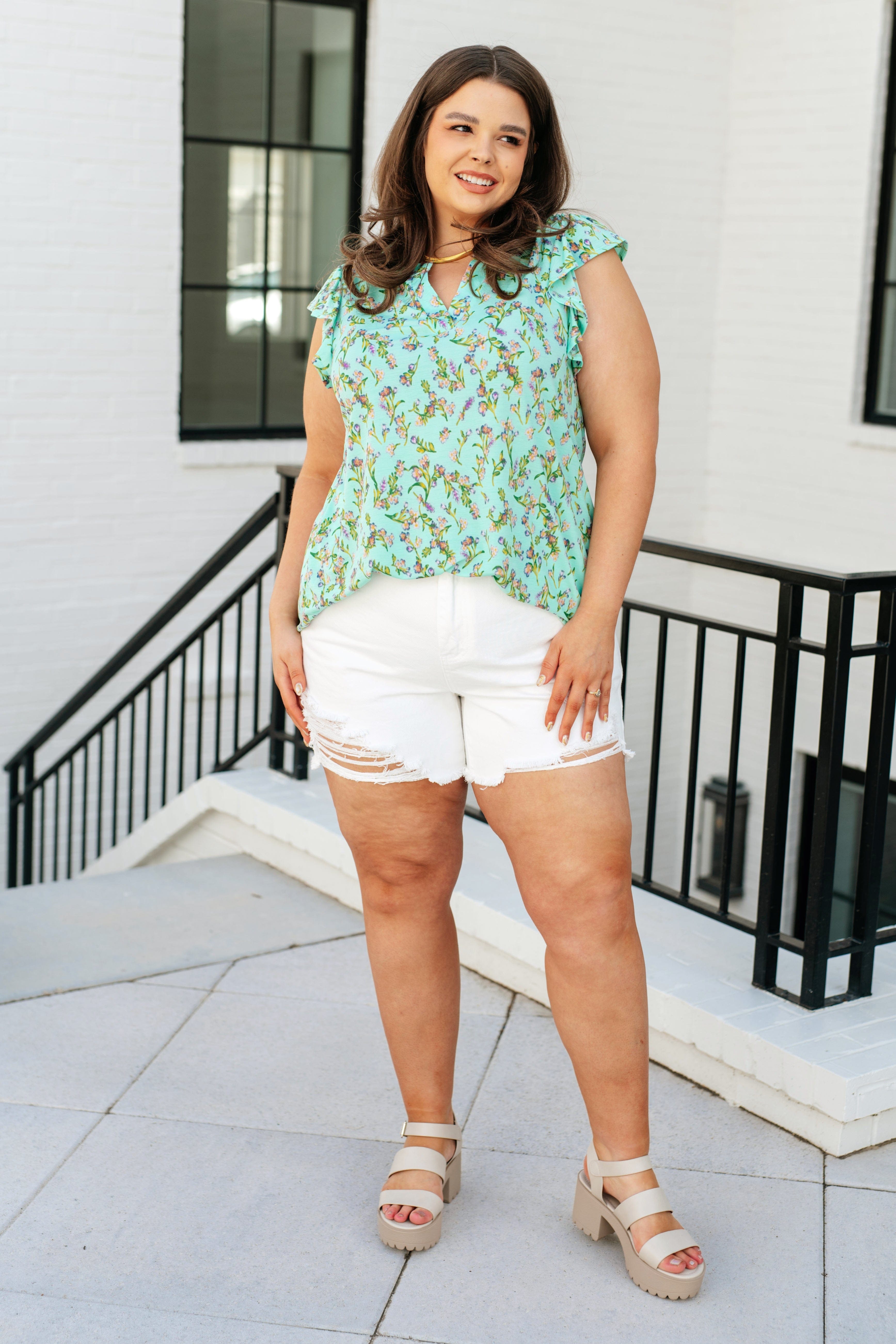 Lizzy Flutter Sleeve Top in Emerald English Rose-Tops-Stay Foxy Boutique, Florissant, Missouri