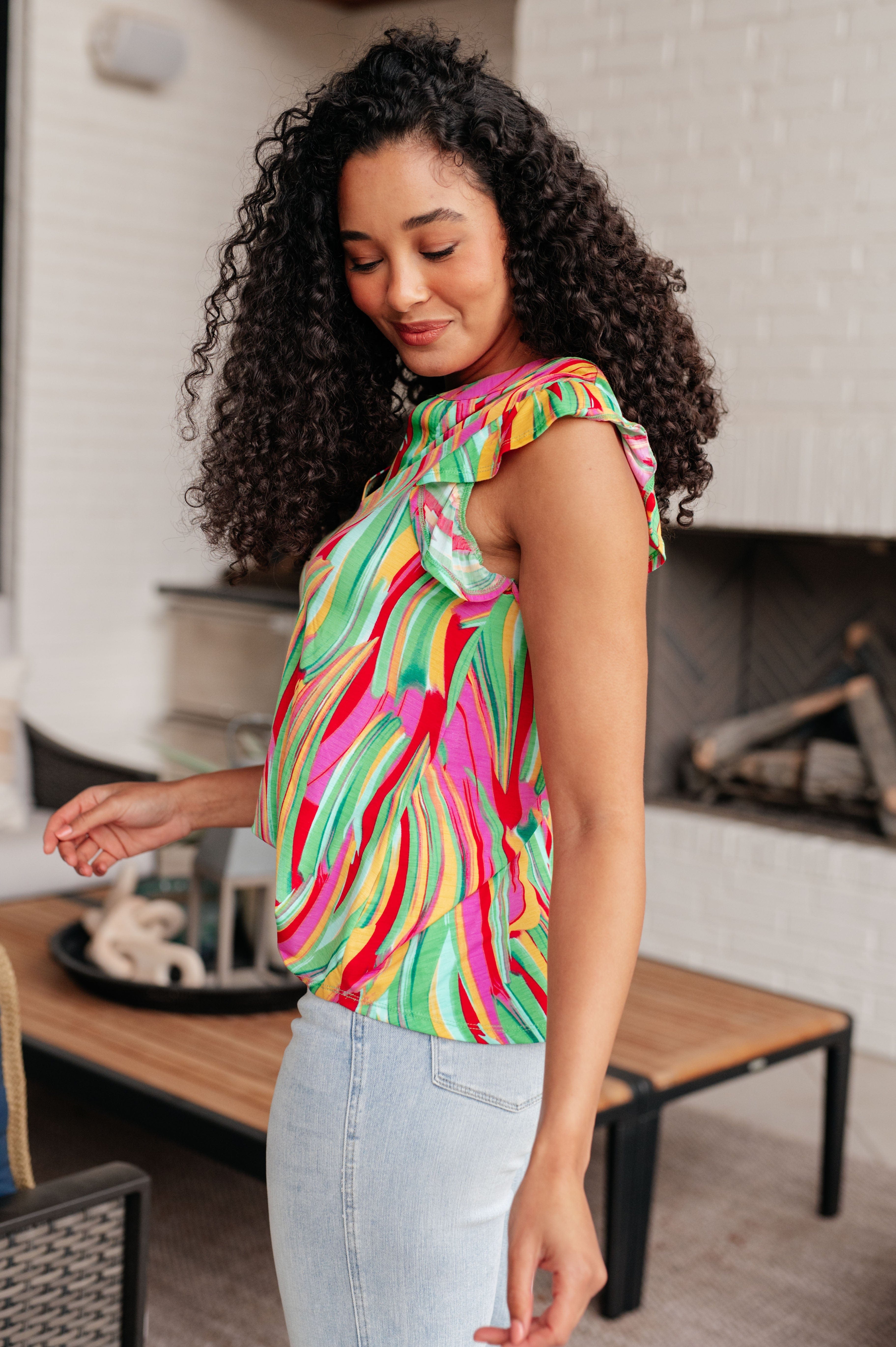 Lizzy Flutter Sleeve Top in Green Multi Abstract Stripe-Tops-Stay Foxy Boutique, Florissant, Missouri