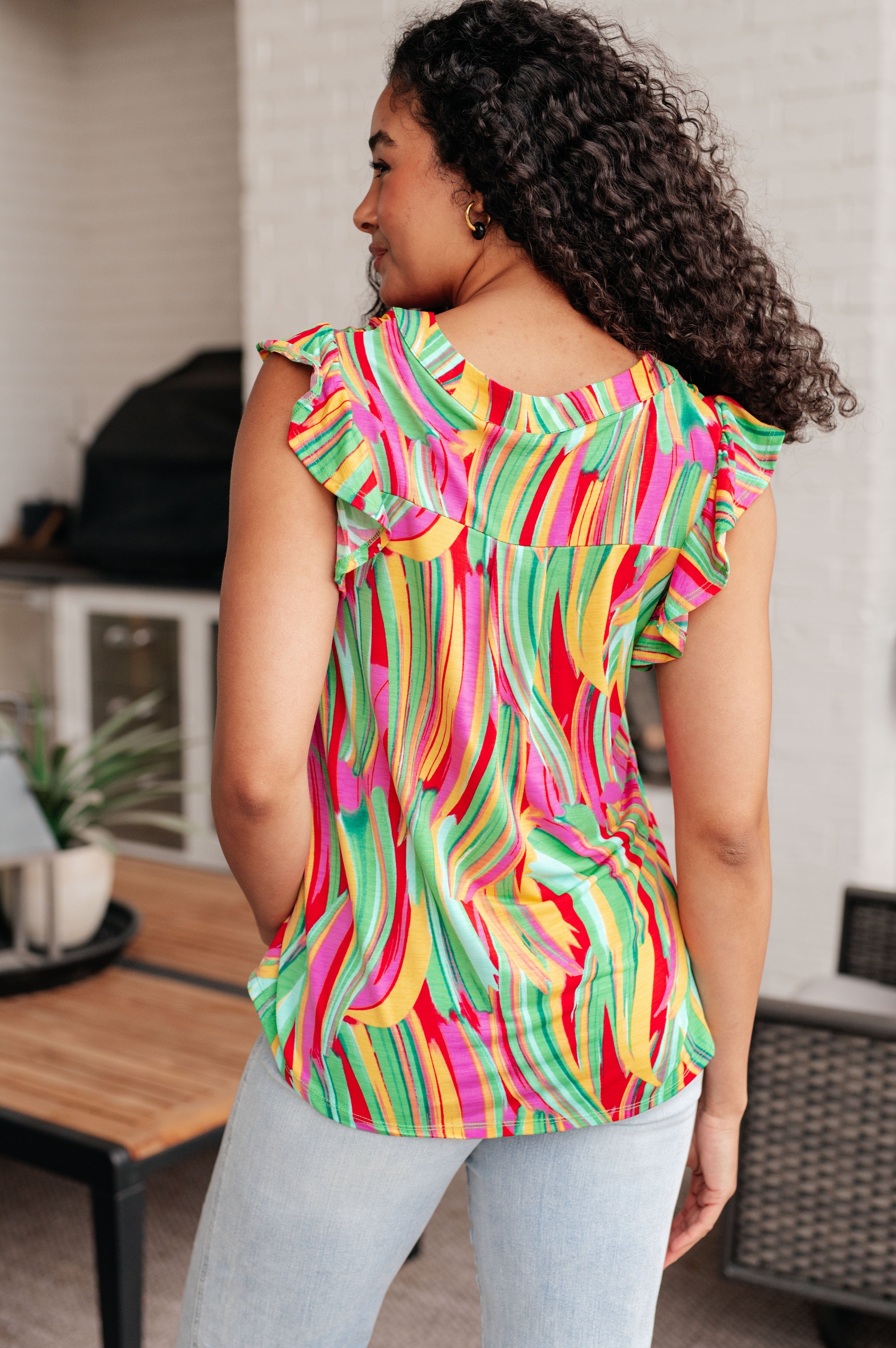 Lizzy Flutter Sleeve Top in Green Multi Abstract Stripe-Tops-Stay Foxy Boutique, Florissant, Missouri