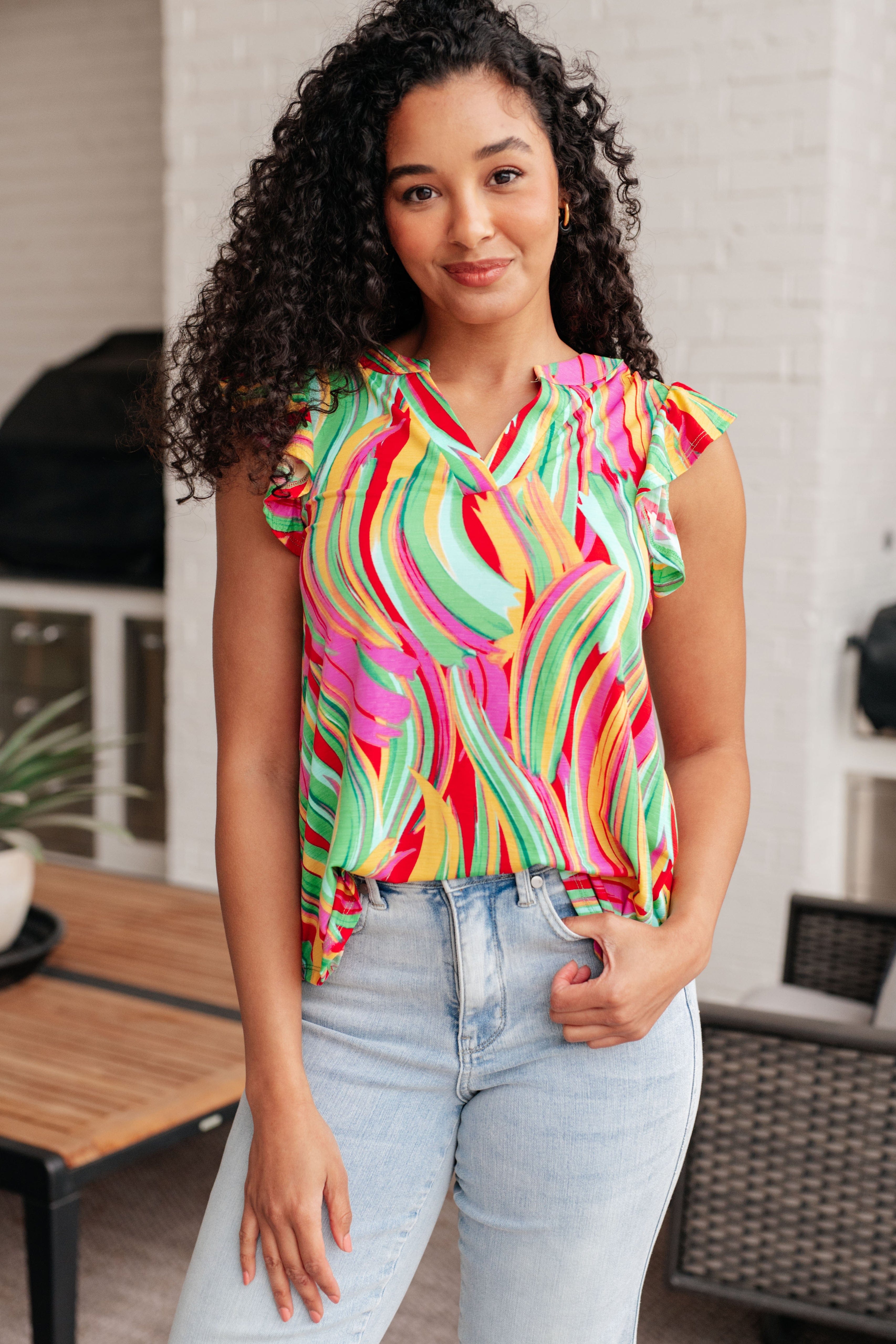 Lizzy Flutter Sleeve Top in Green Multi Abstract Stripe-Tops-Stay Foxy Boutique, Florissant, Missouri