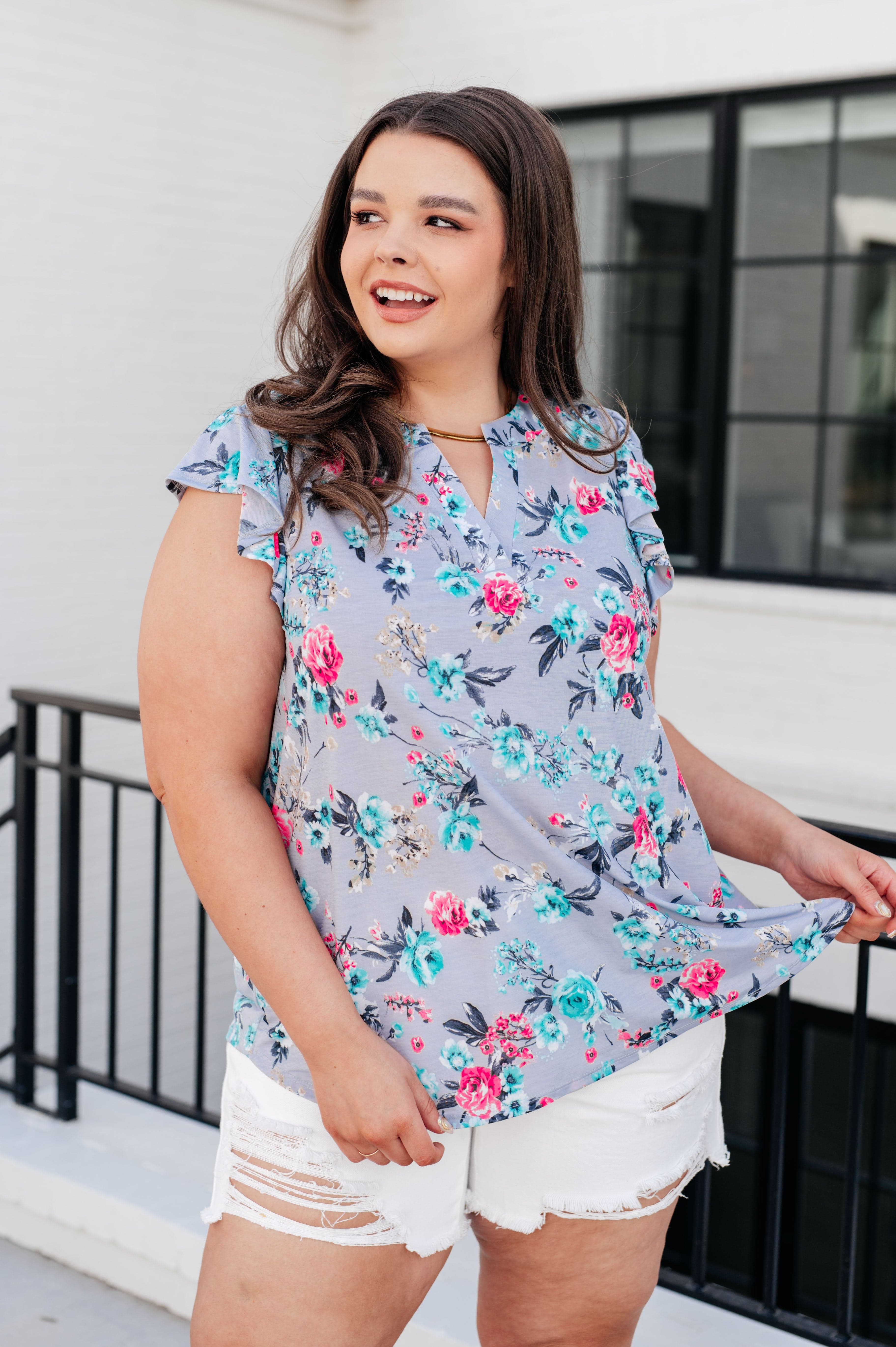 Lizzy Flutter Sleeve Top in Grey and Mint Floral-Tops-Stay Foxy Boutique, Florissant, Missouri