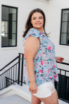 Lizzy Flutter Sleeve Top in Grey and Mint Floral-Tops-Stay Foxy Boutique, Florissant, Missouri