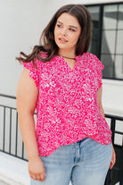 Lizzy Flutter Sleeve Top in Hot Pink and White Floral-Tops-Stay Foxy Boutique, Florissant, Missouri