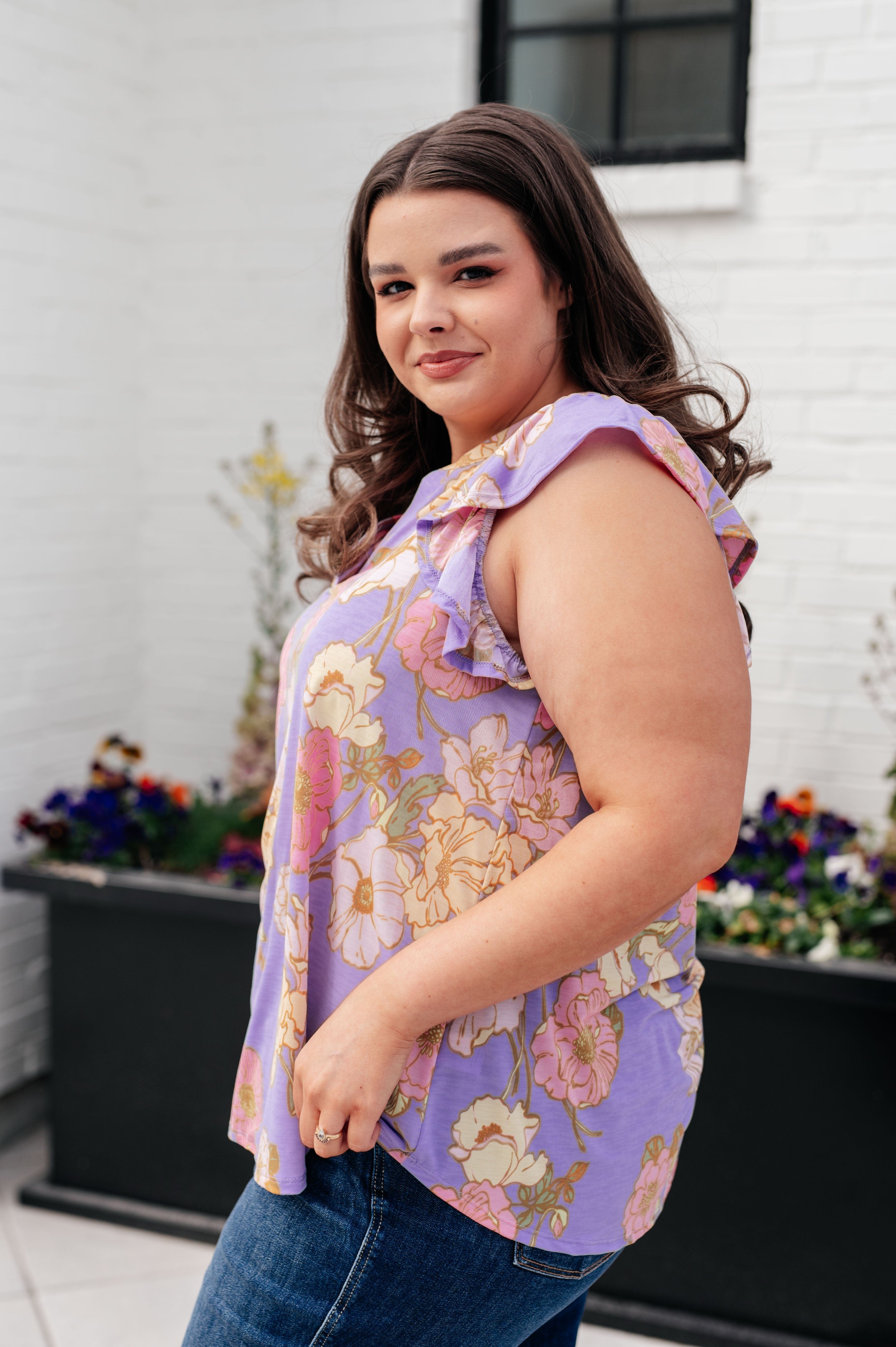 Lizzy Flutter Sleeve Top in Lavender French Floral-Tops-Stay Foxy Boutique, Florissant, Missouri