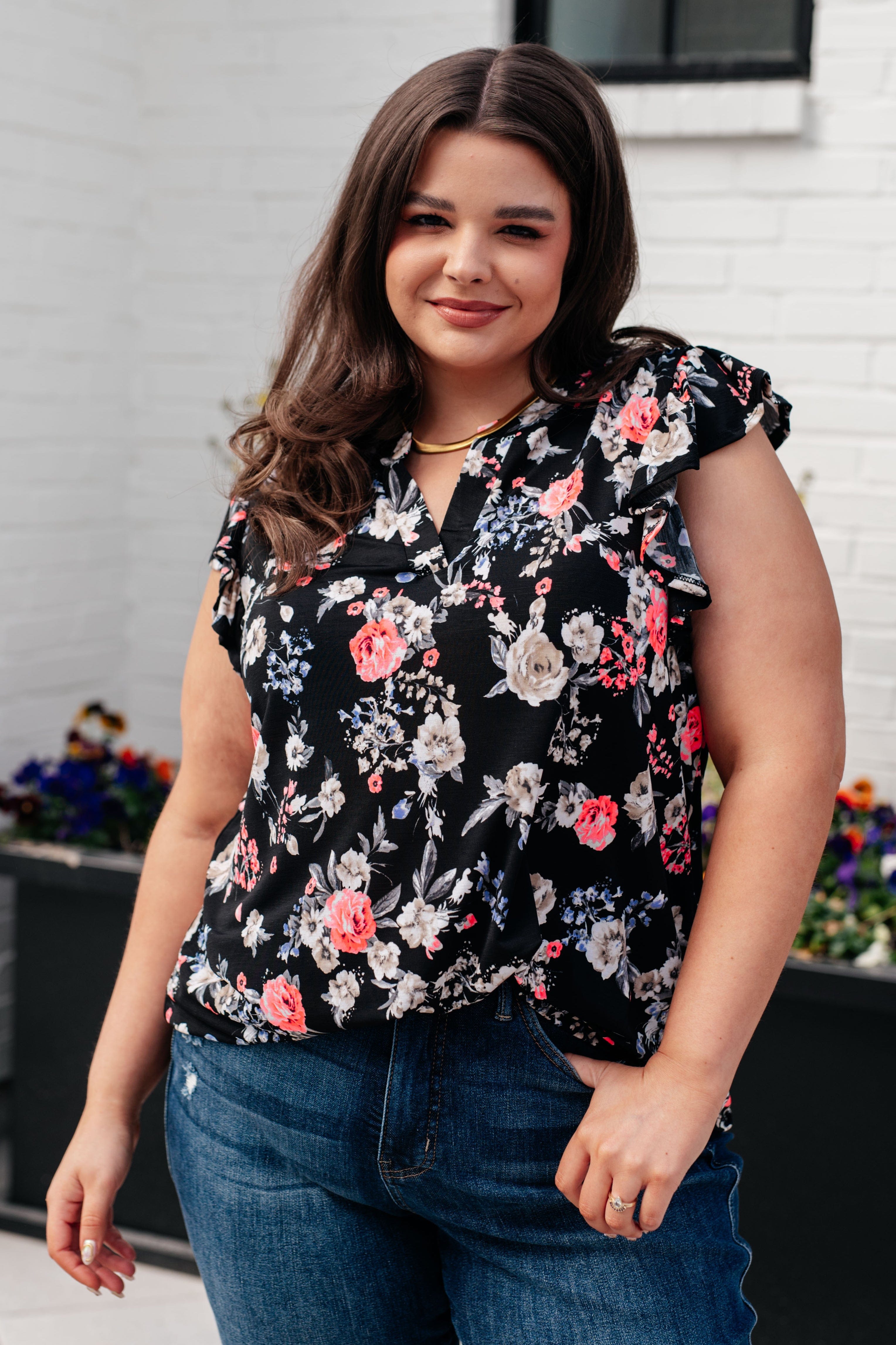 Lizzy Flutter Sleeve Top in Black and Muted Pink Floral-Tops-Stay Foxy Boutique, Florissant, Missouri