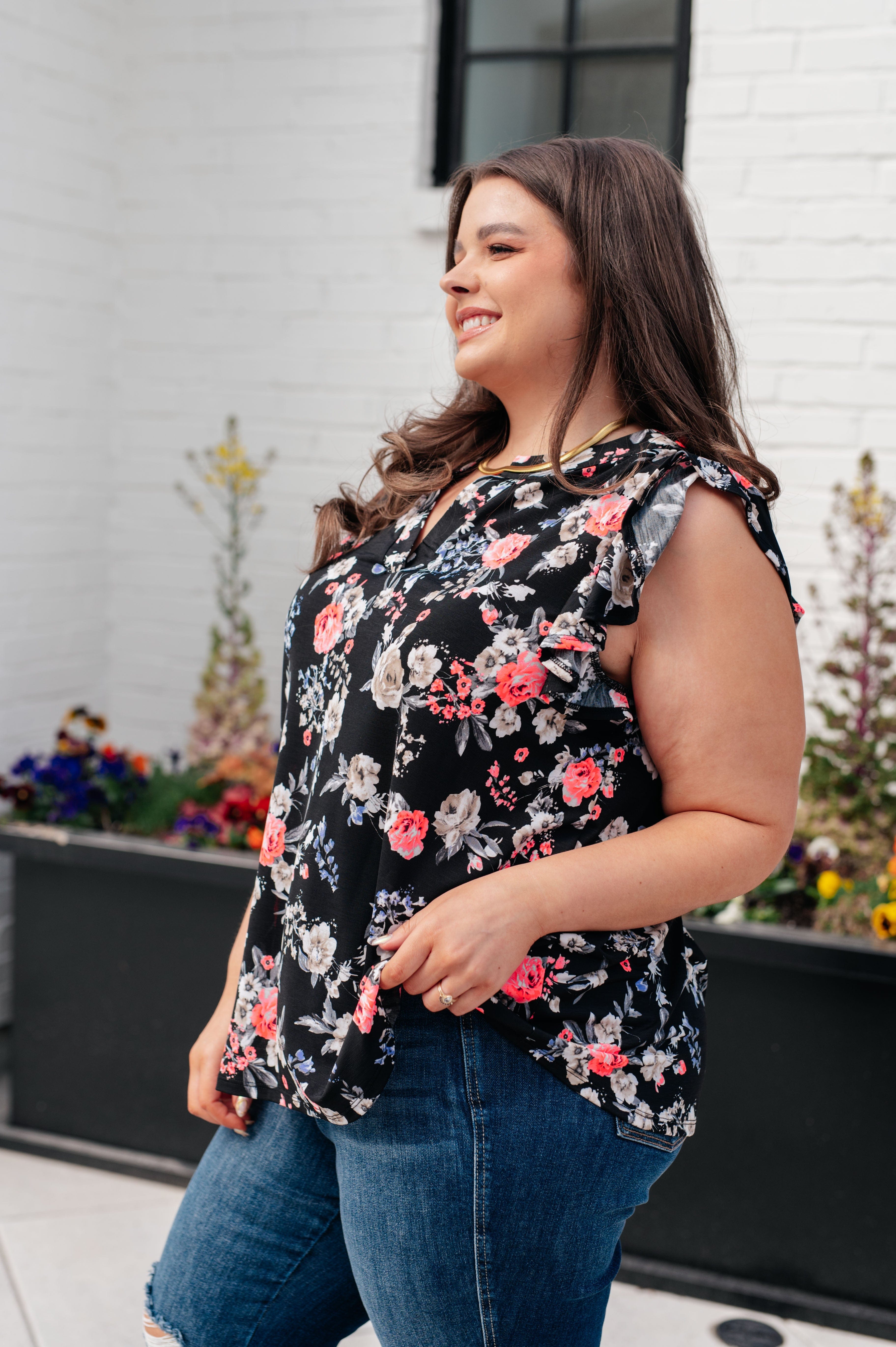 Lizzy Flutter Sleeve Top in Black and Muted Pink Floral-Tops-Stay Foxy Boutique, Florissant, Missouri