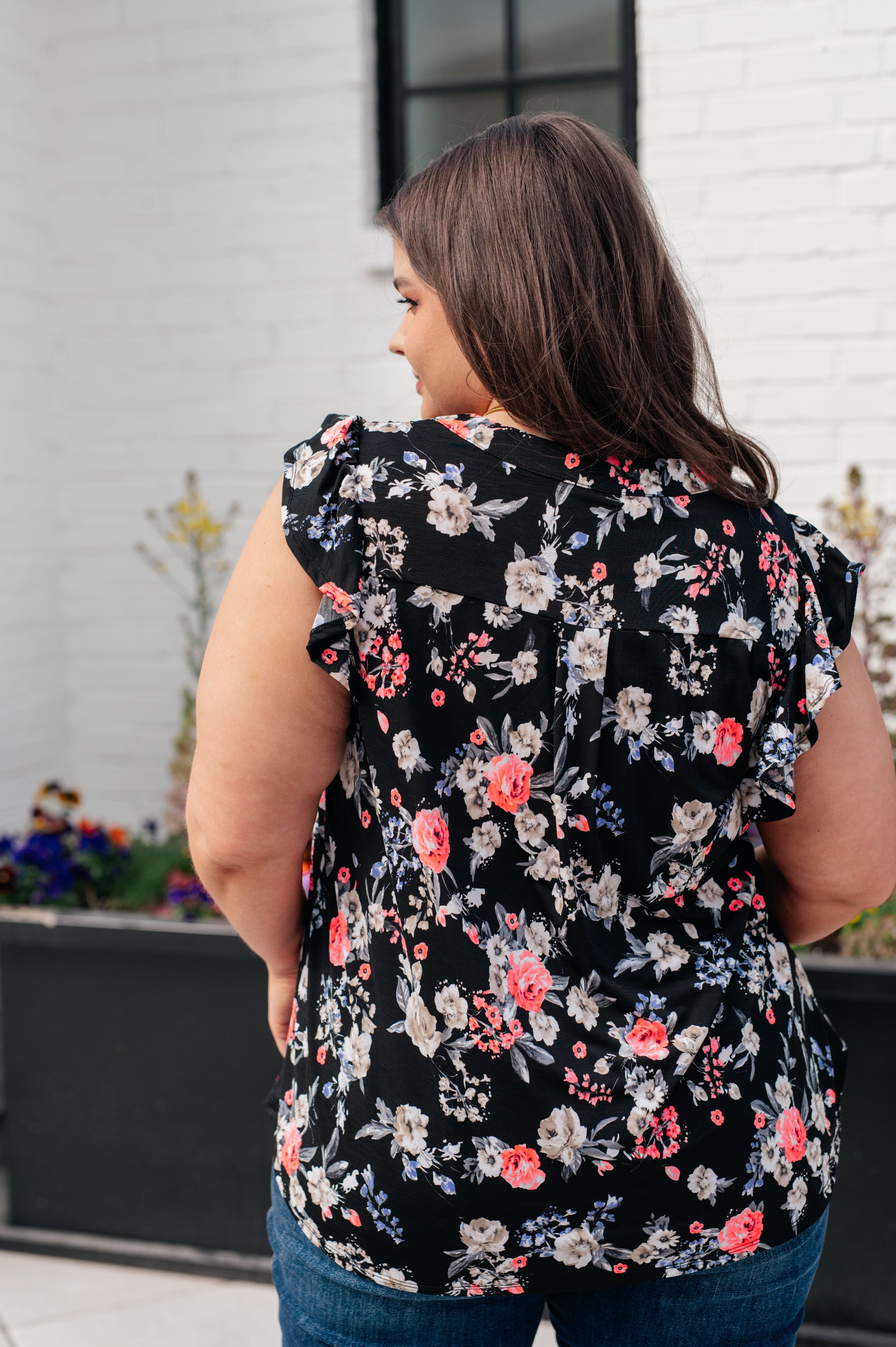 Lizzy Flutter Sleeve Top in Black and Muted Pink Floral-Tops-Stay Foxy Boutique, Florissant, Missouri