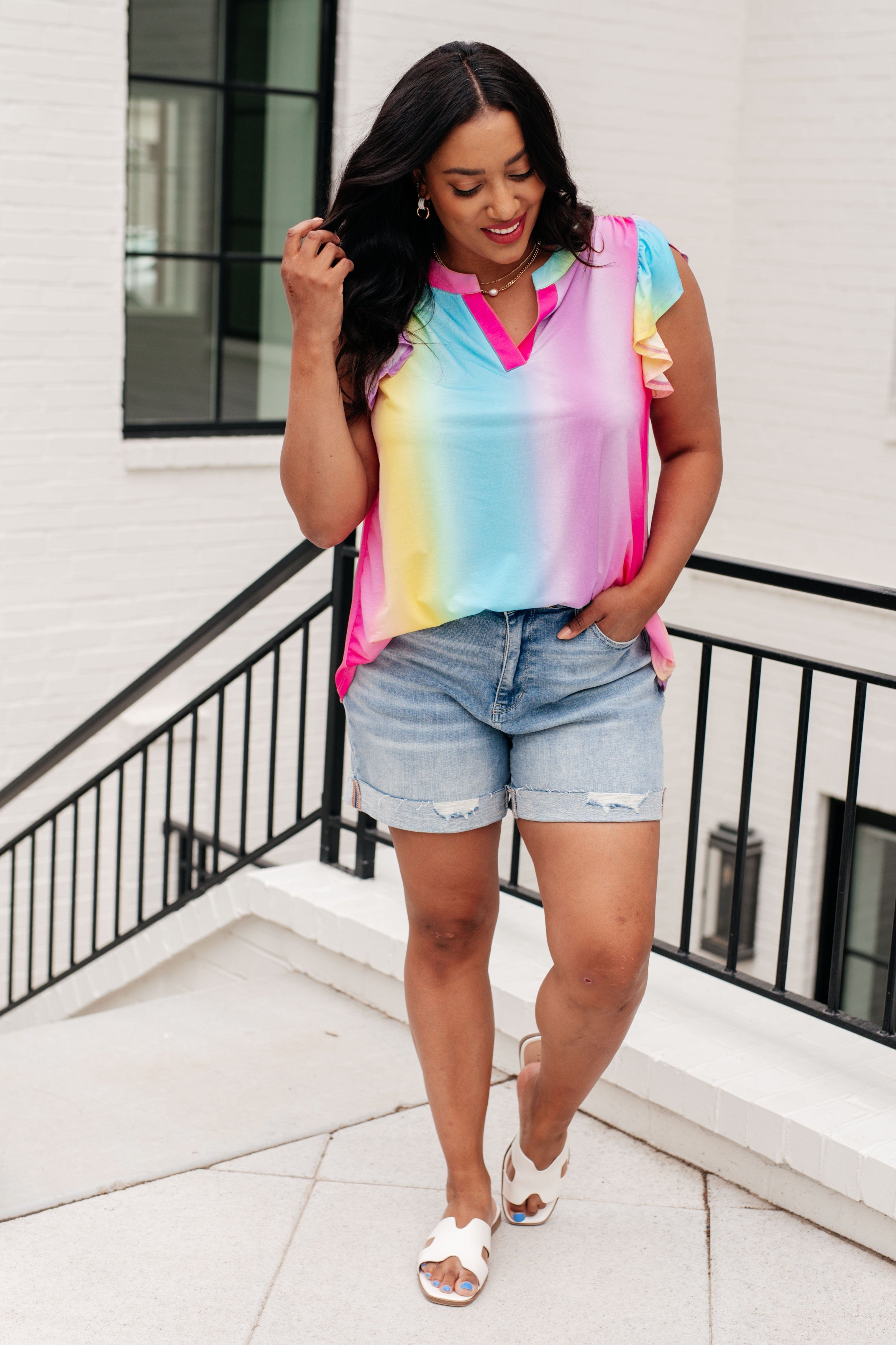 Lizzy Flutter Sleeve Top in Ombre Rainbow-Tops-Stay Foxy Boutique, Florissant, Missouri