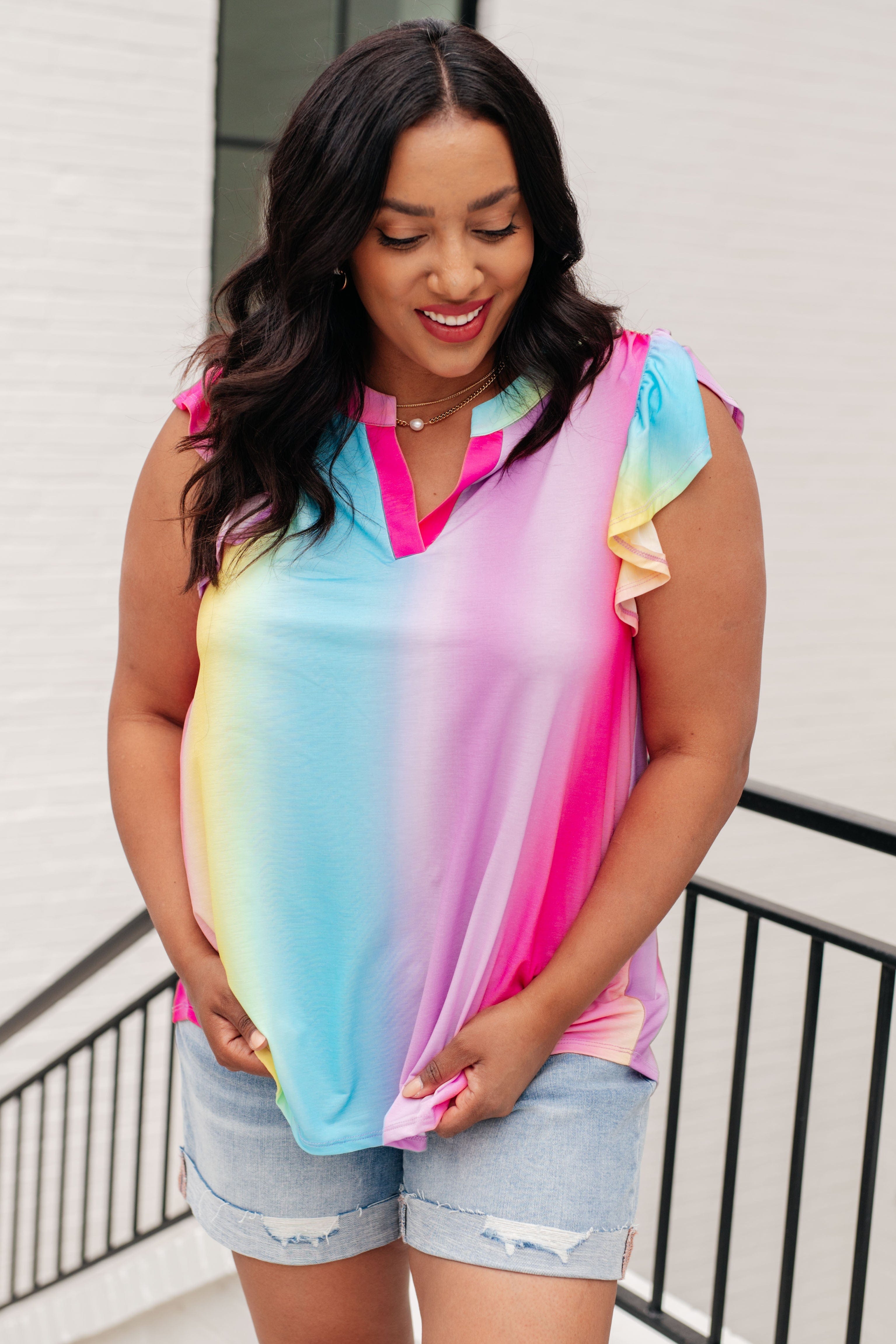 Lizzy Flutter Sleeve Top in Ombre Rainbow-Tops-Stay Foxy Boutique, Florissant, Missouri