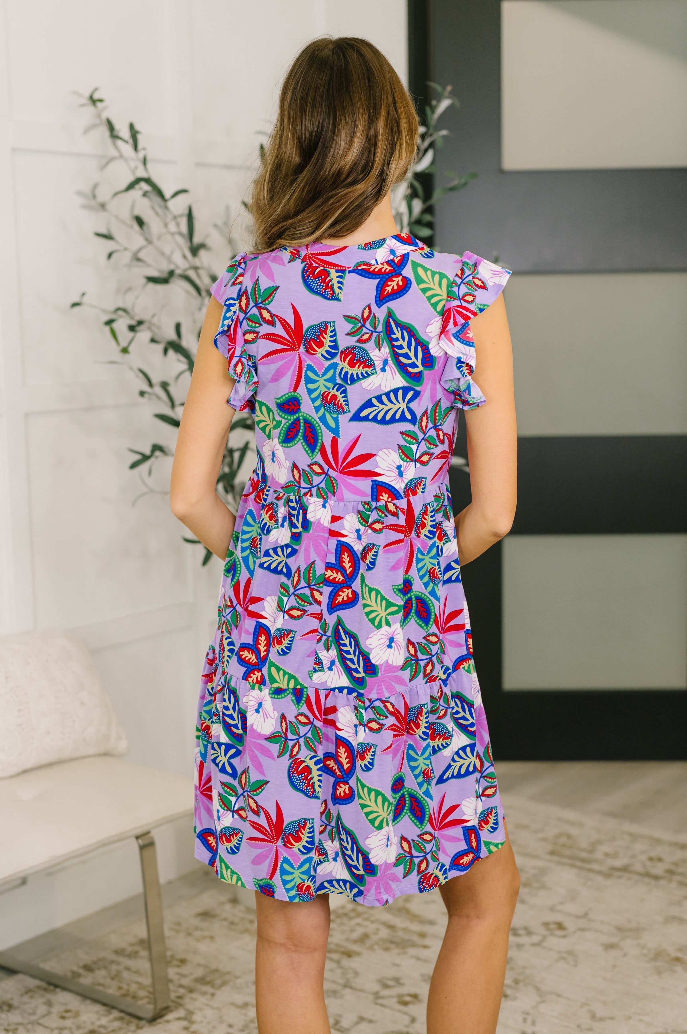 Lizzy Flutter Sleeve Dress in Multi Leaf-Womens-Stay Foxy Boutique, Florissant, Missouri