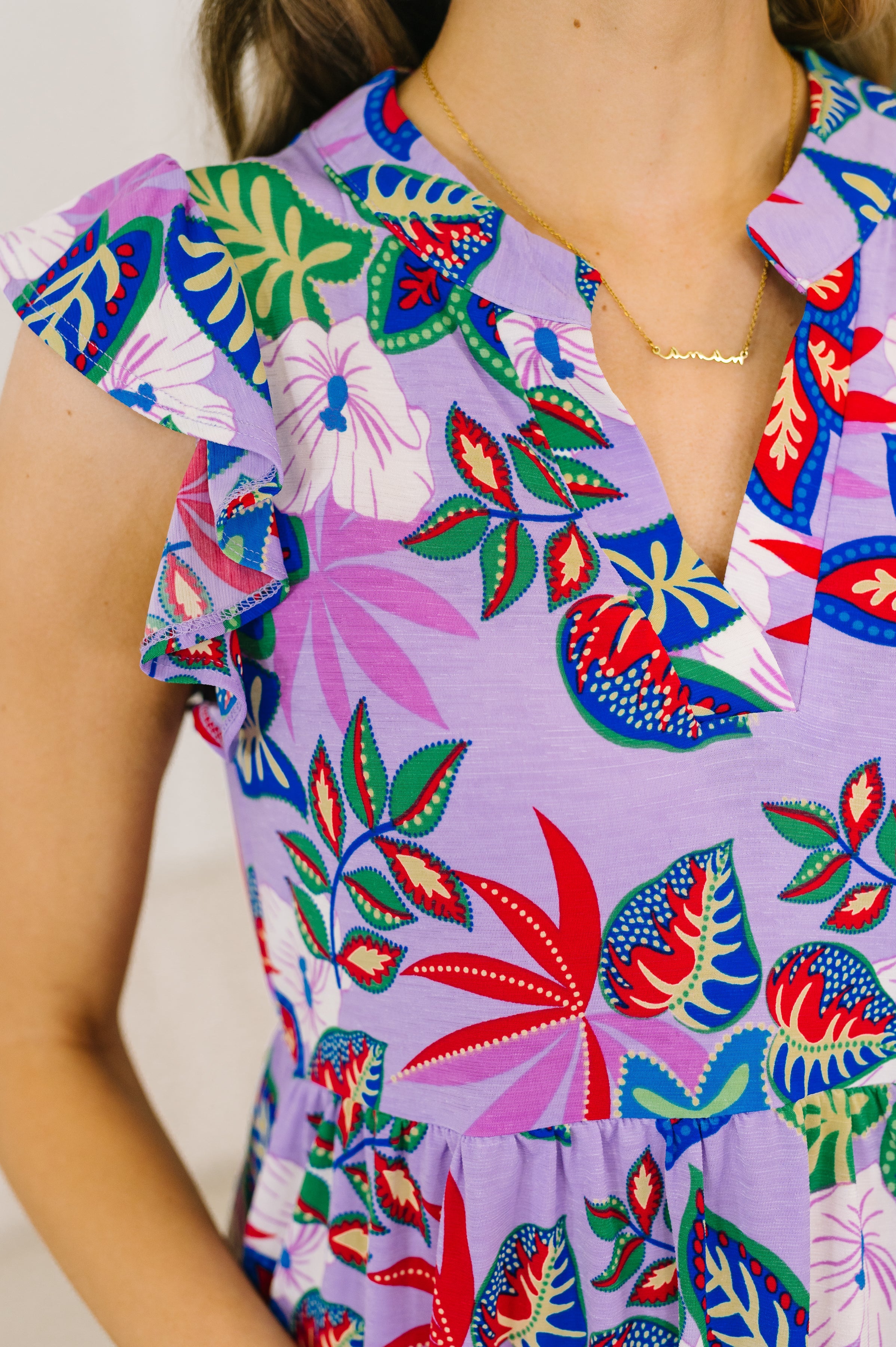 Lizzy Flutter Sleeve Dress in Multi Leaf-Womens-Stay Foxy Boutique, Florissant, Missouri