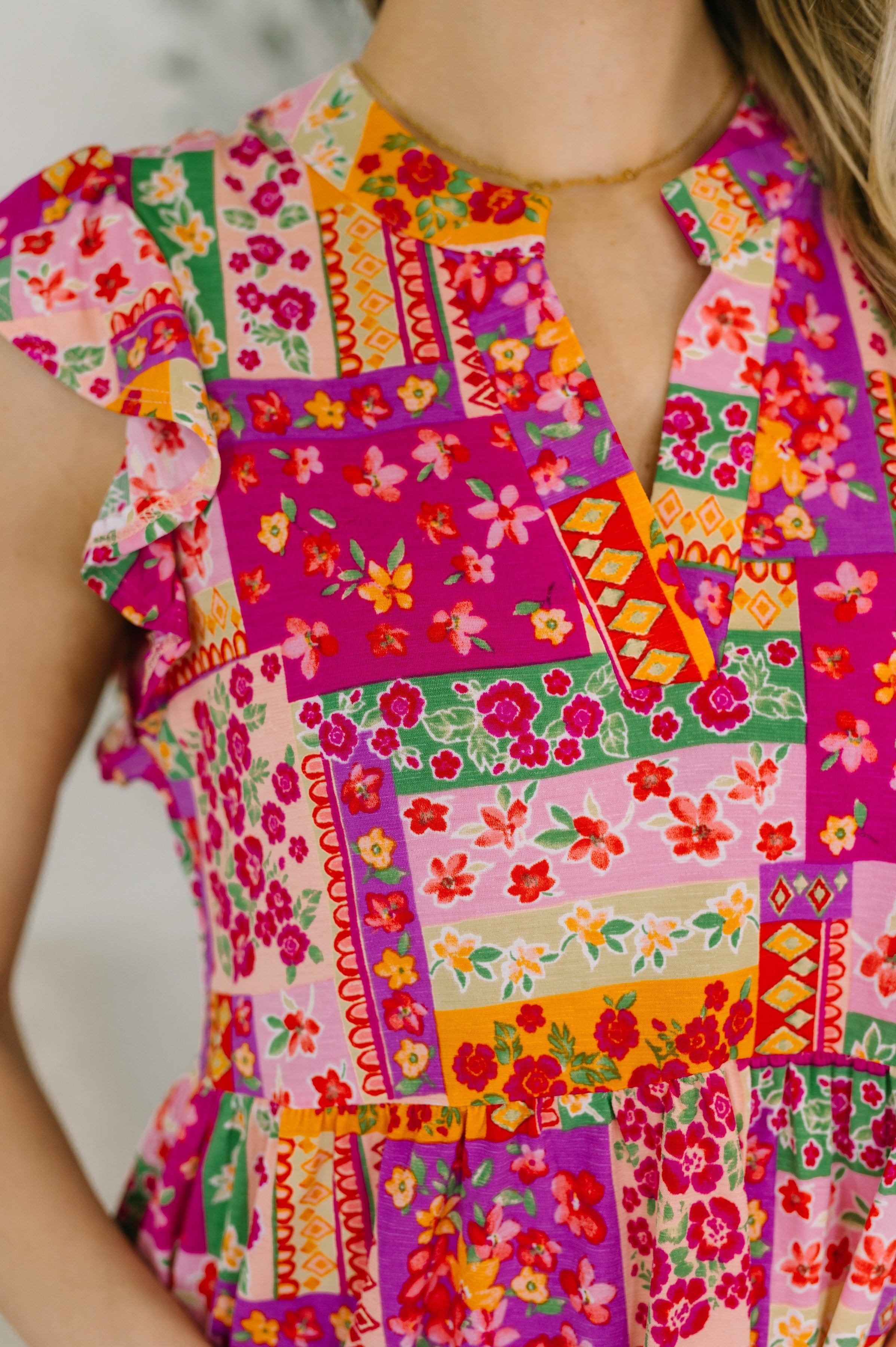 Lizzy Flutter Sleeve Dress in Patchwork Floral-Womens-Stay Foxy Boutique, Florissant, Missouri
