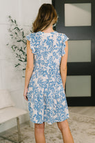 Lizzy Flutter Sleeve Dress in White and Blue Floral-Womens-Stay Foxy Boutique, Florissant, Missouri