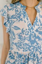 Lizzy Flutter Sleeve Dress in White and Blue Floral-Womens-Stay Foxy Boutique, Florissant, Missouri