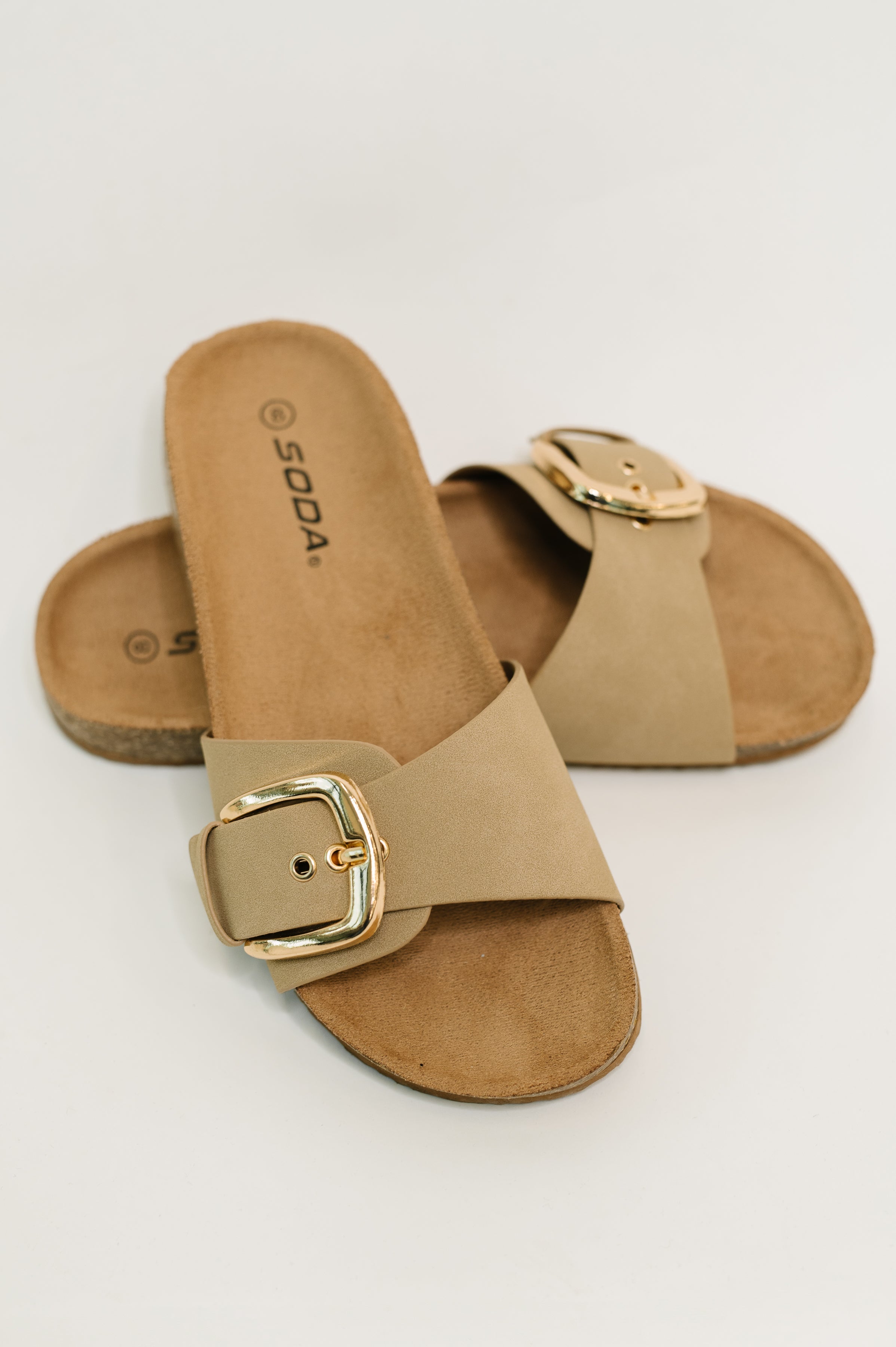 Lizzy Slip on Buckle Strap Sandal in Taupe-Womens-Stay Foxy Boutique, Florissant, Missouri