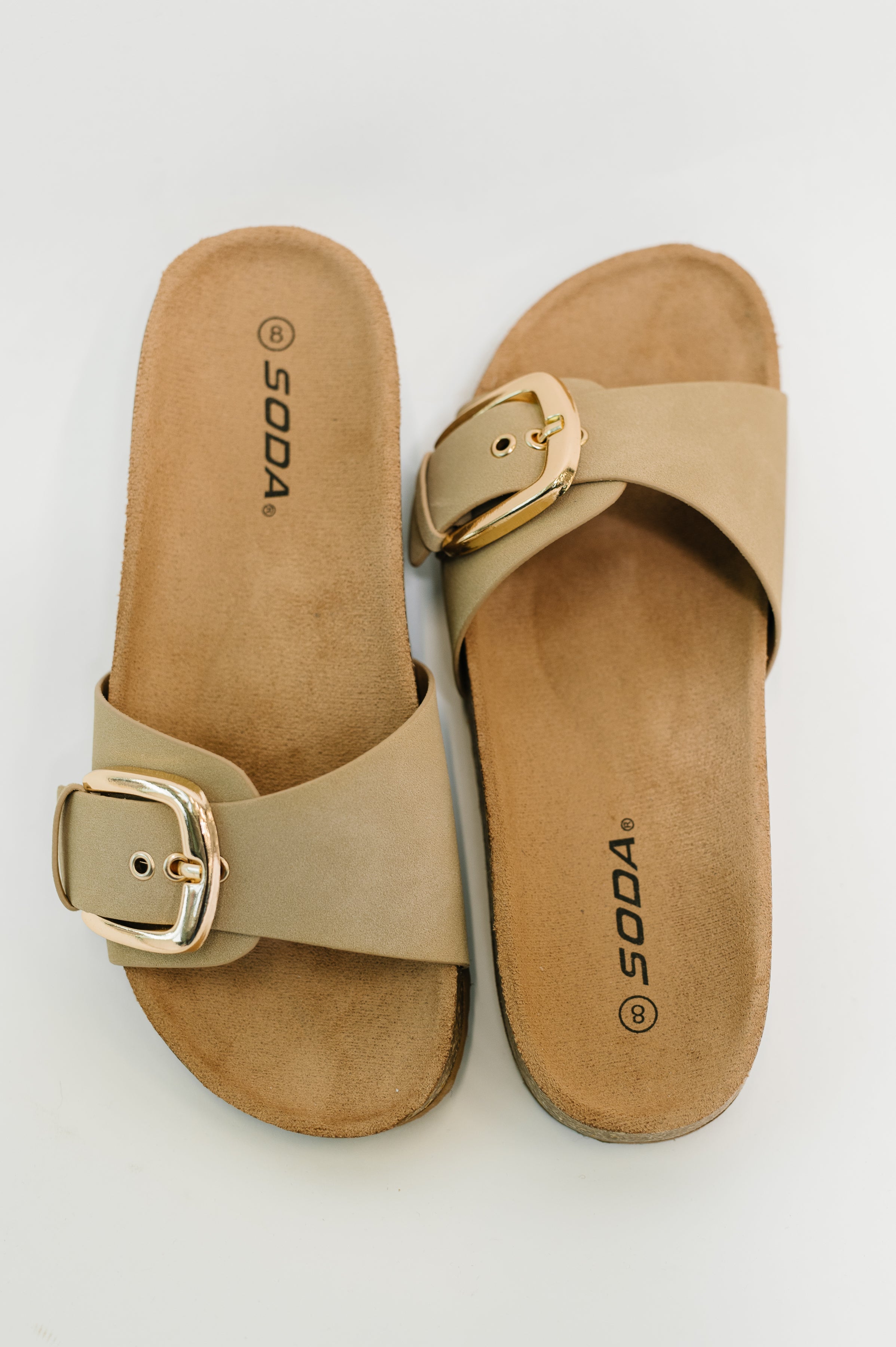Lizzy Slip on Buckle Strap Sandal in Taupe-Womens-Stay Foxy Boutique, Florissant, Missouri
