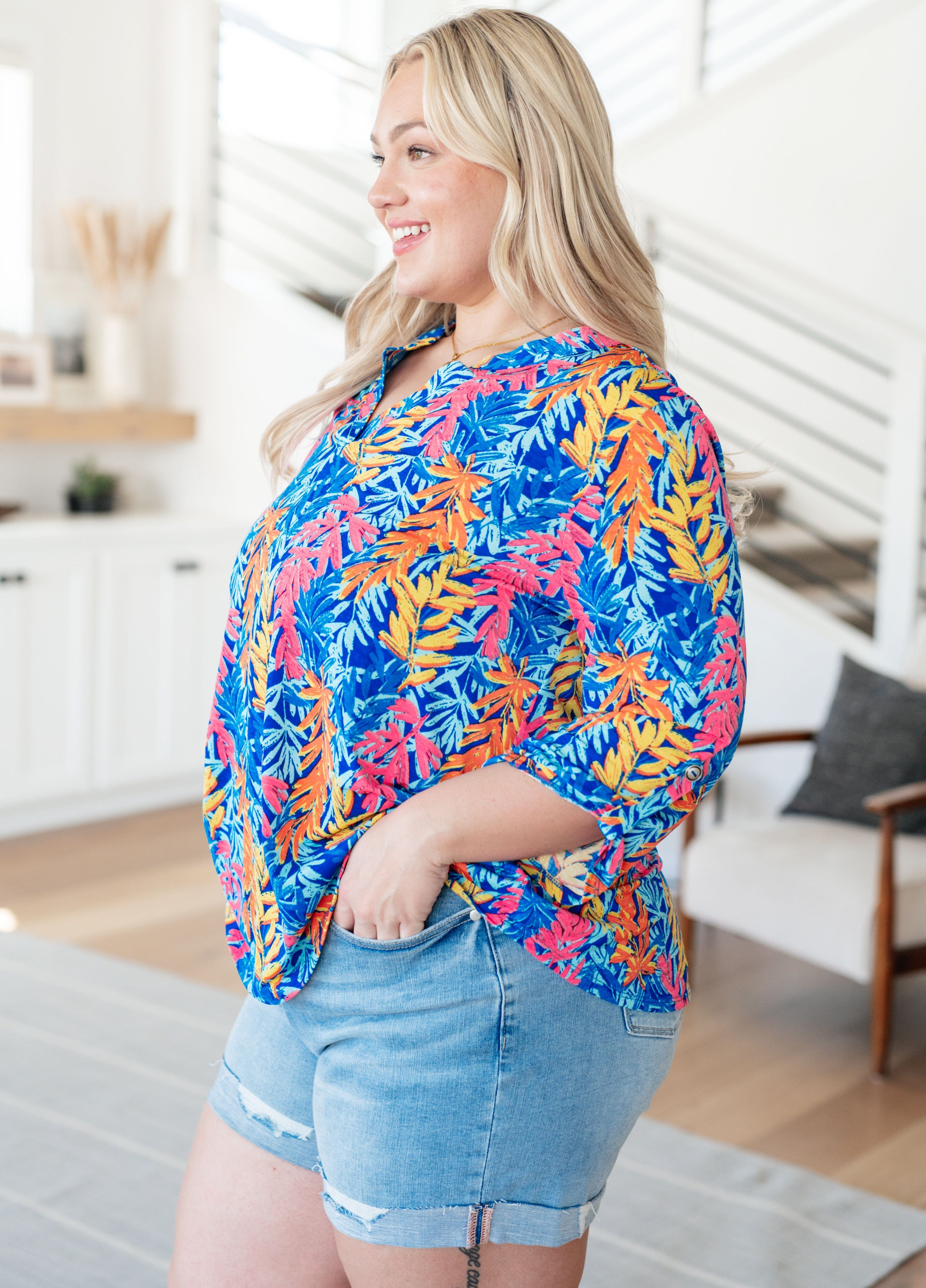 Lizzy Top in Blue and Pink Branches-Tops-Stay Foxy Boutique, Florissant, Missouri