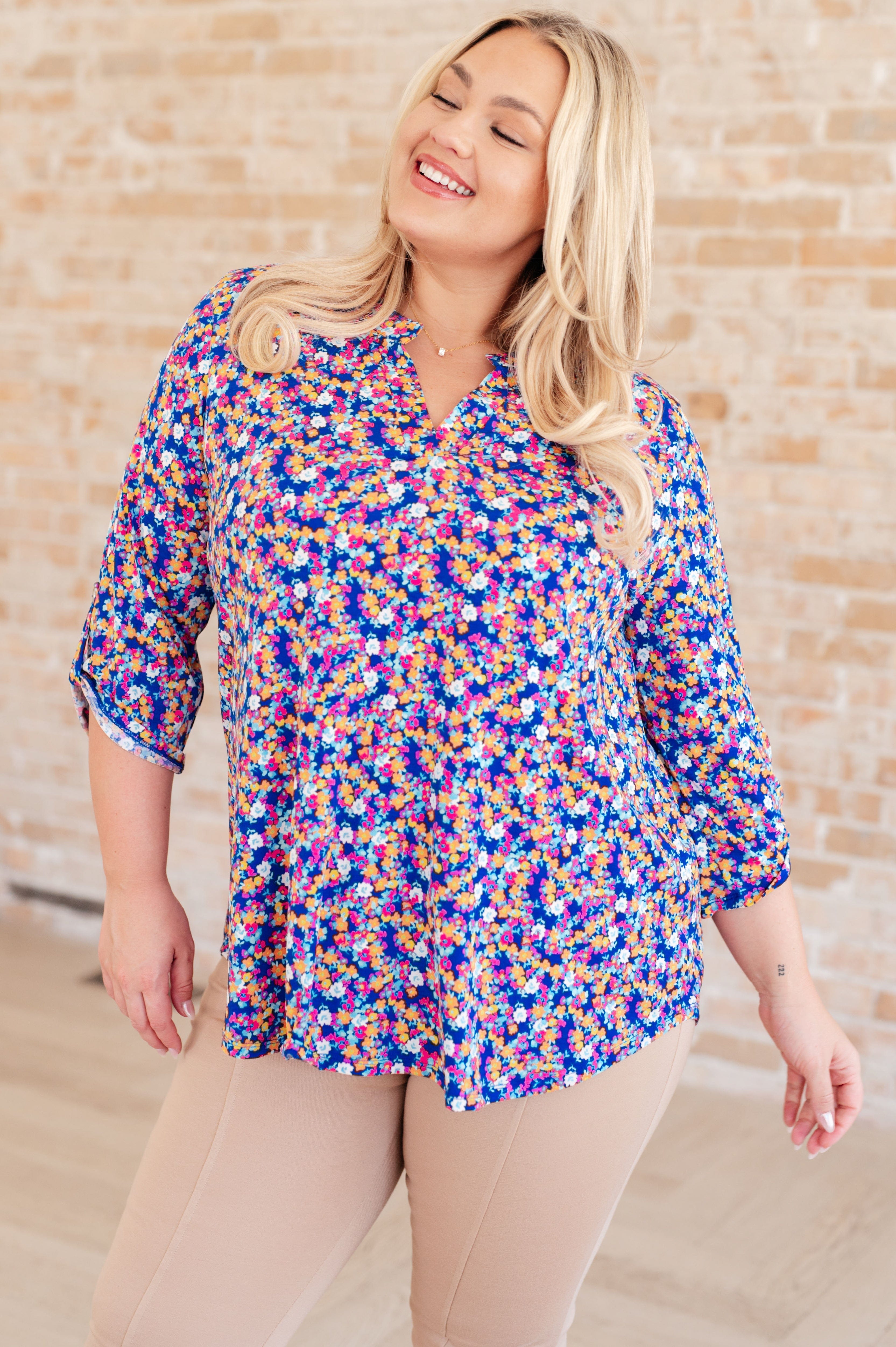 Lizzy Top in Blue and Pink Retro Ditsy Floral-Tops-Stay Foxy Boutique, Florissant, Missouri