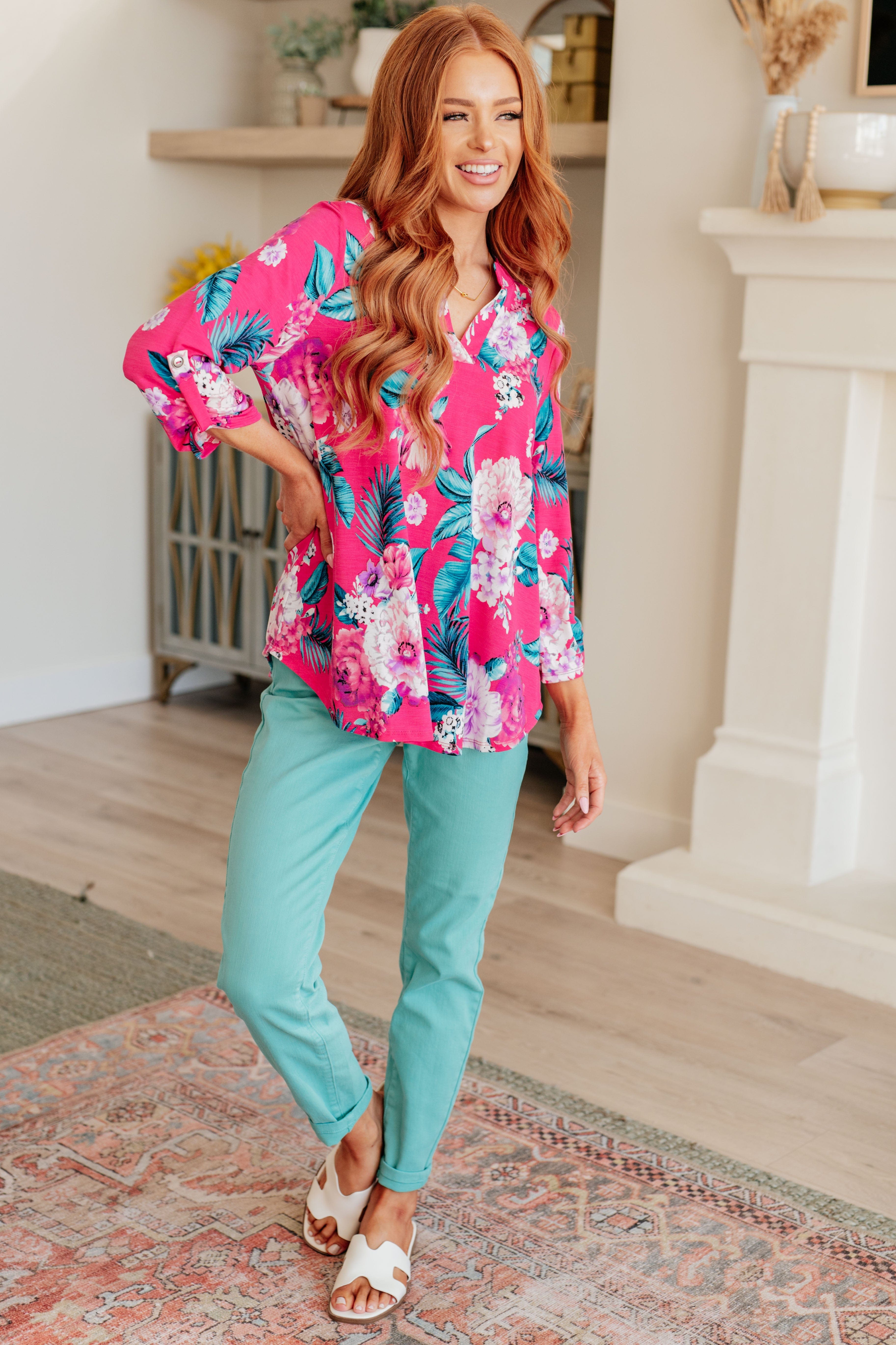 Lizzy Top in Magenta and Teal Tropical Floral-Tops-Stay Foxy Boutique, Florissant, Missouri