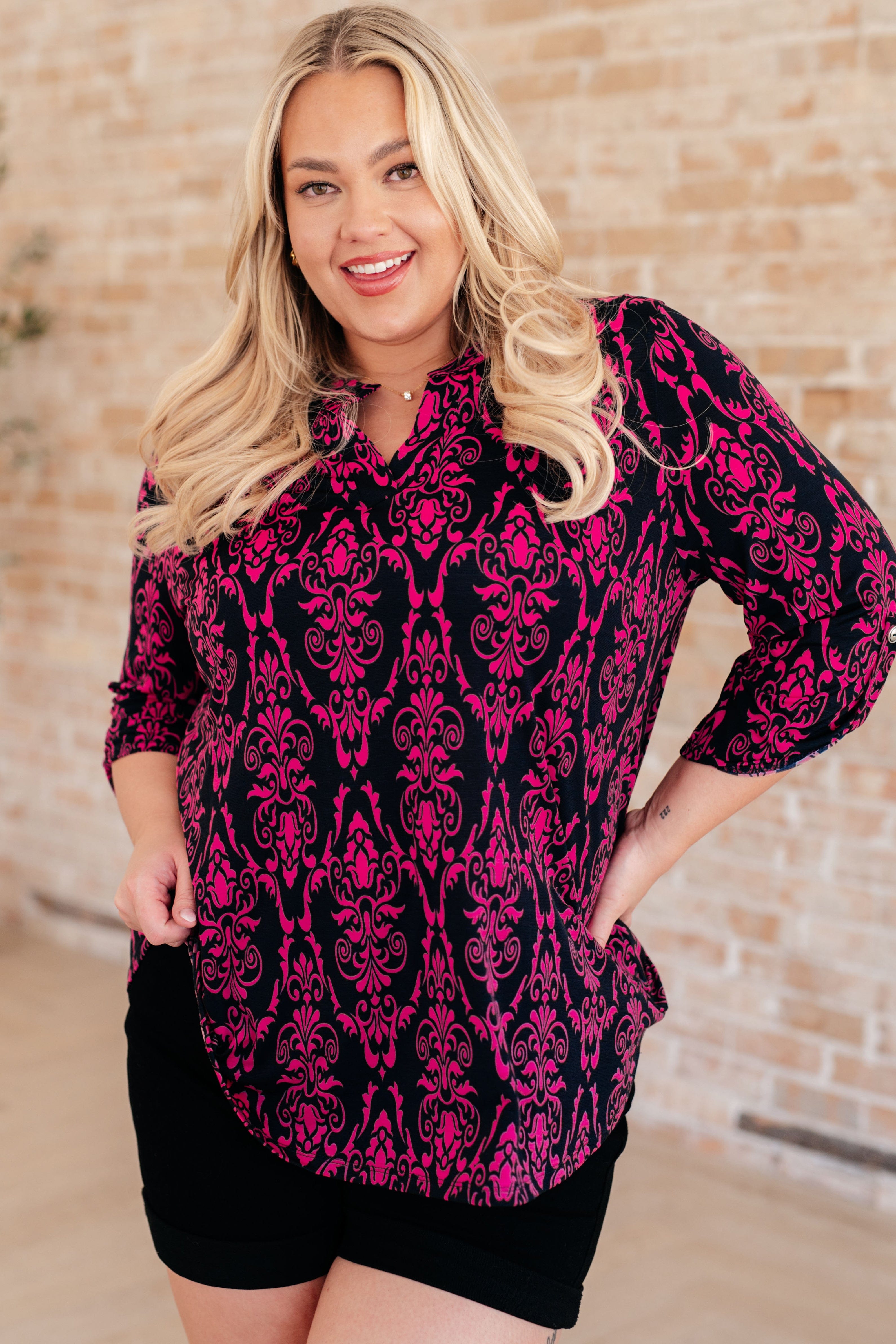 Lizzy Top in Navy and Hot Pink Damask-Tops-Stay Foxy Boutique, Florissant, Missouri