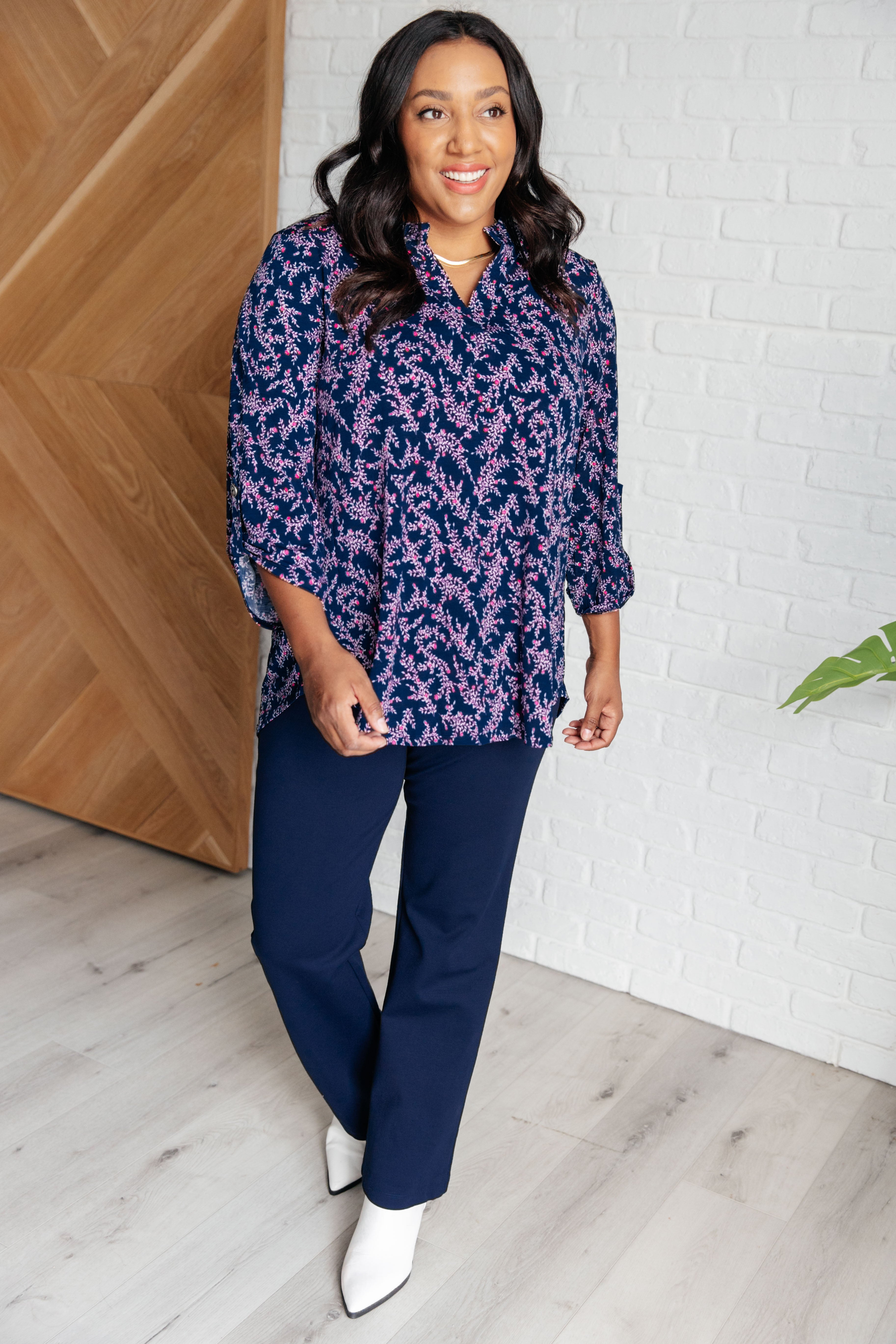 Lizzy Top in Navy and Magenta Petite Floral-Tops-Stay Foxy Boutique, Florissant, Missouri