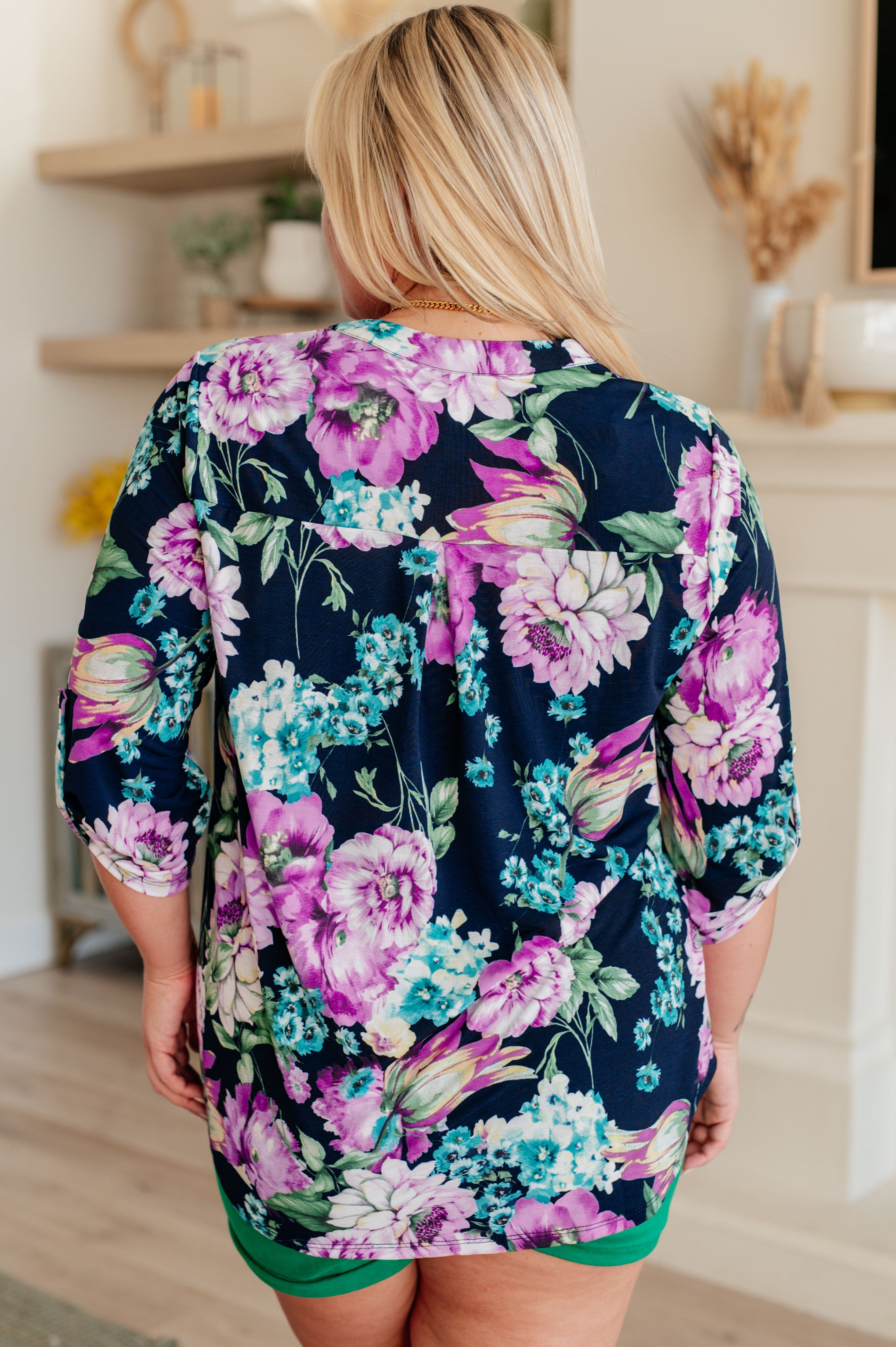 Lizzy Top in Navy and Purple Floral-Tops-Stay Foxy Boutique, Florissant, Missouri