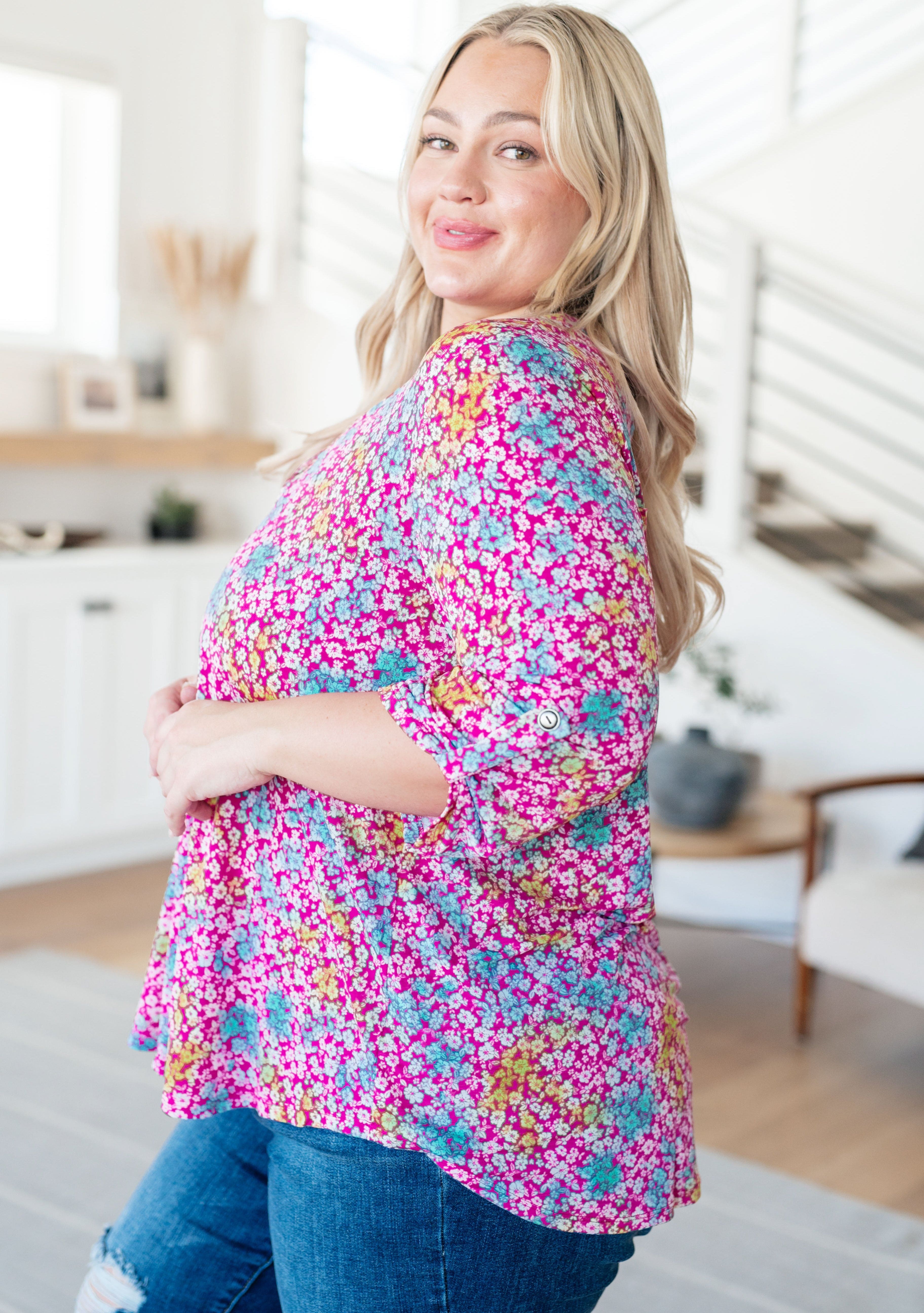 Lizzy Top in Pink and Aqua Ditsy Floral-Tops-Stay Foxy Boutique, Florissant, Missouri
