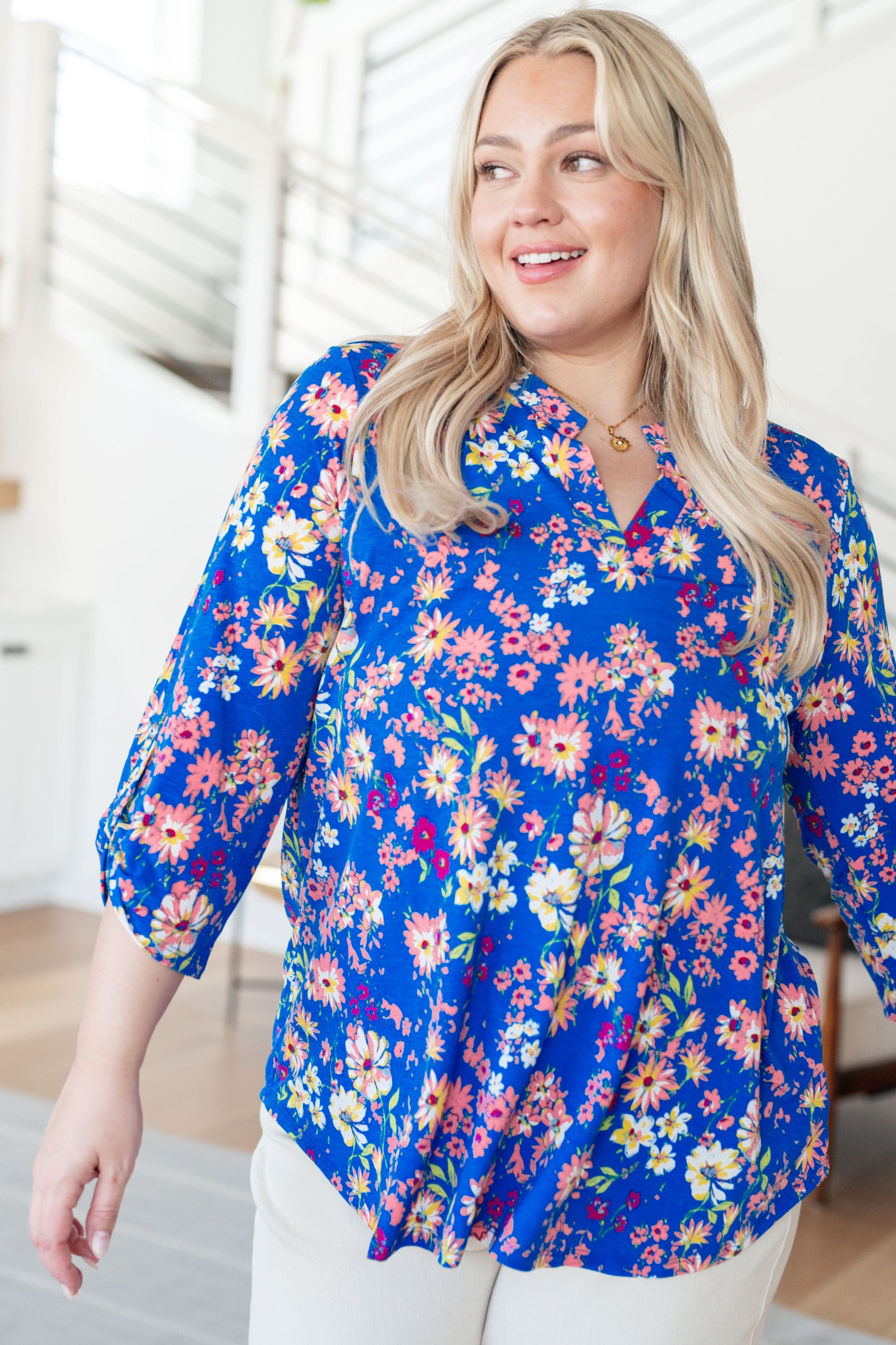 Lizzy Top in Royal and Blush Floral-Tops-Stay Foxy Boutique, Florissant, Missouri