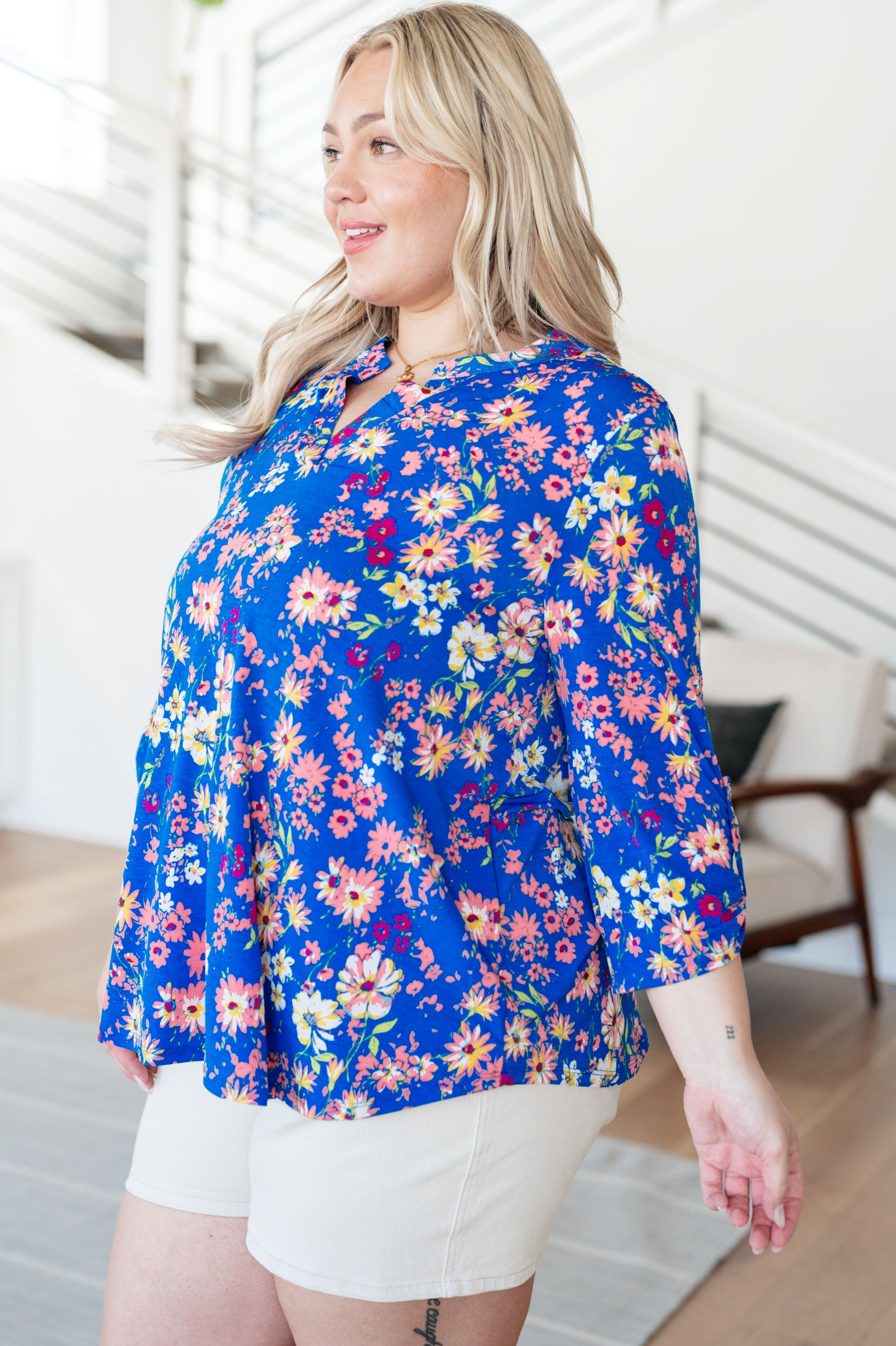 Lizzy Top in Royal and Blush Floral-Tops-Stay Foxy Boutique, Florissant, Missouri