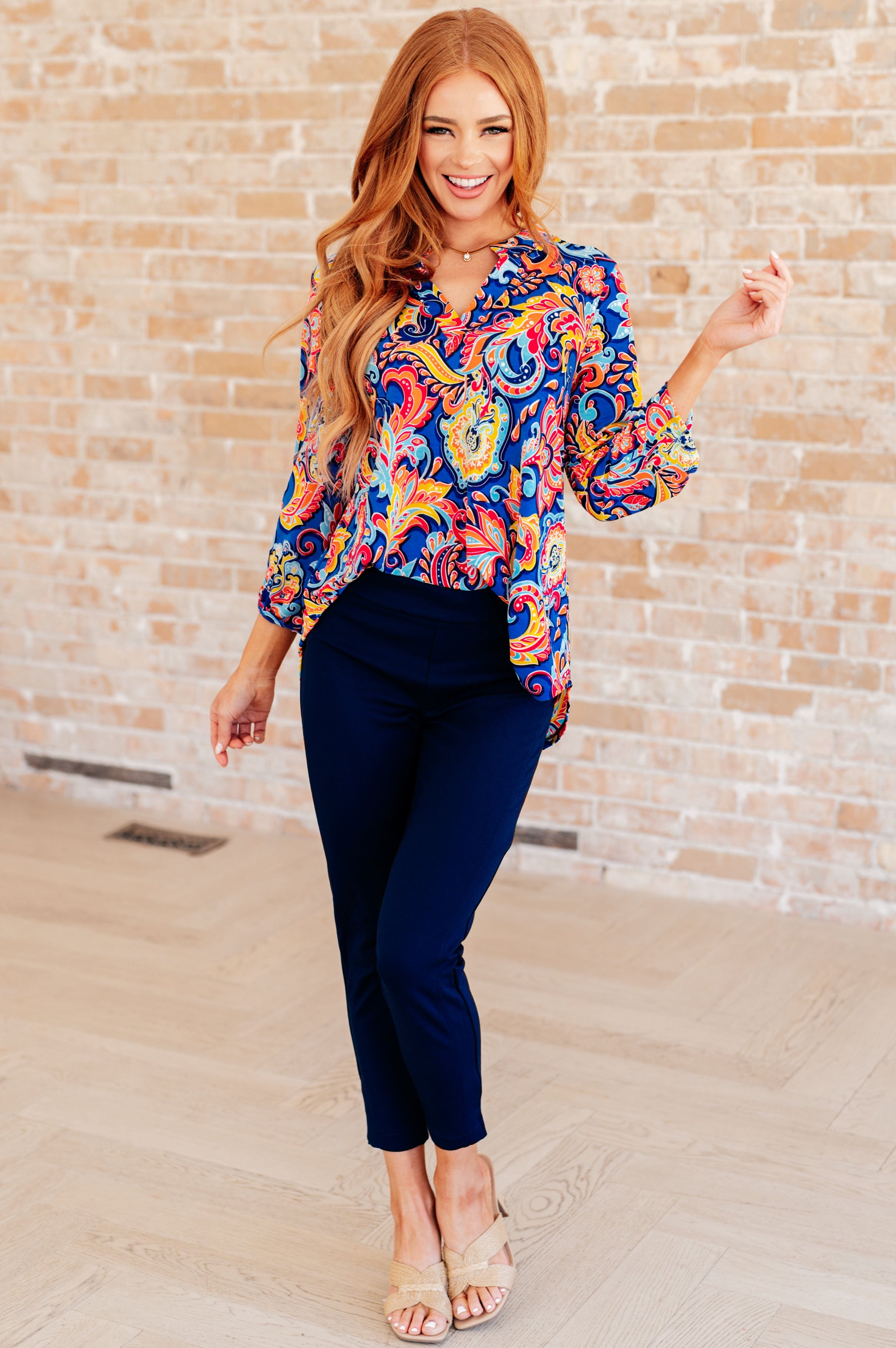 Lizzy Top in Royal and Orange Paisley-Tops-Stay Foxy Boutique, Florissant, Missouri