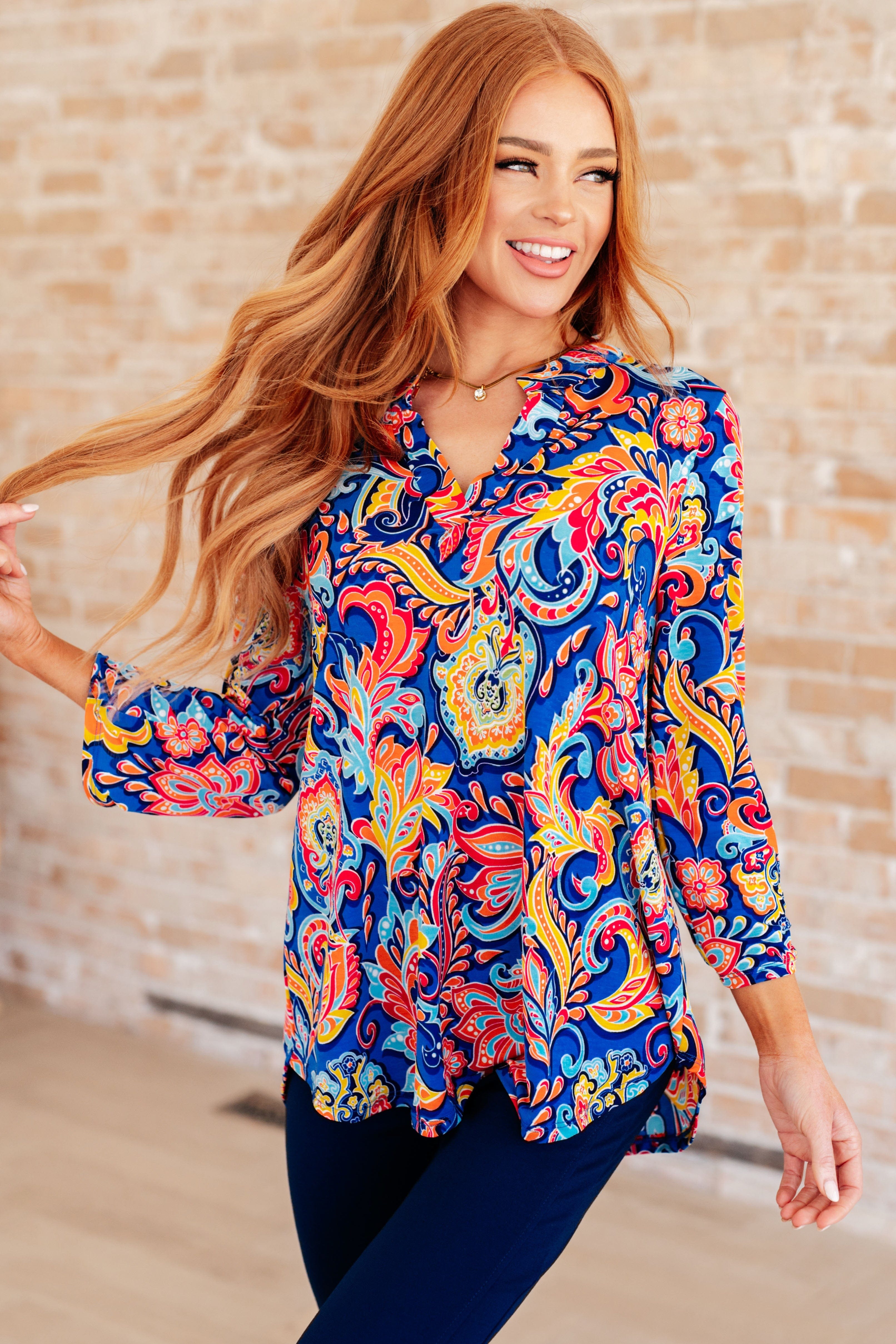 Lizzy Top in Royal and Orange Paisley-Tops-Stay Foxy Boutique, Florissant, Missouri