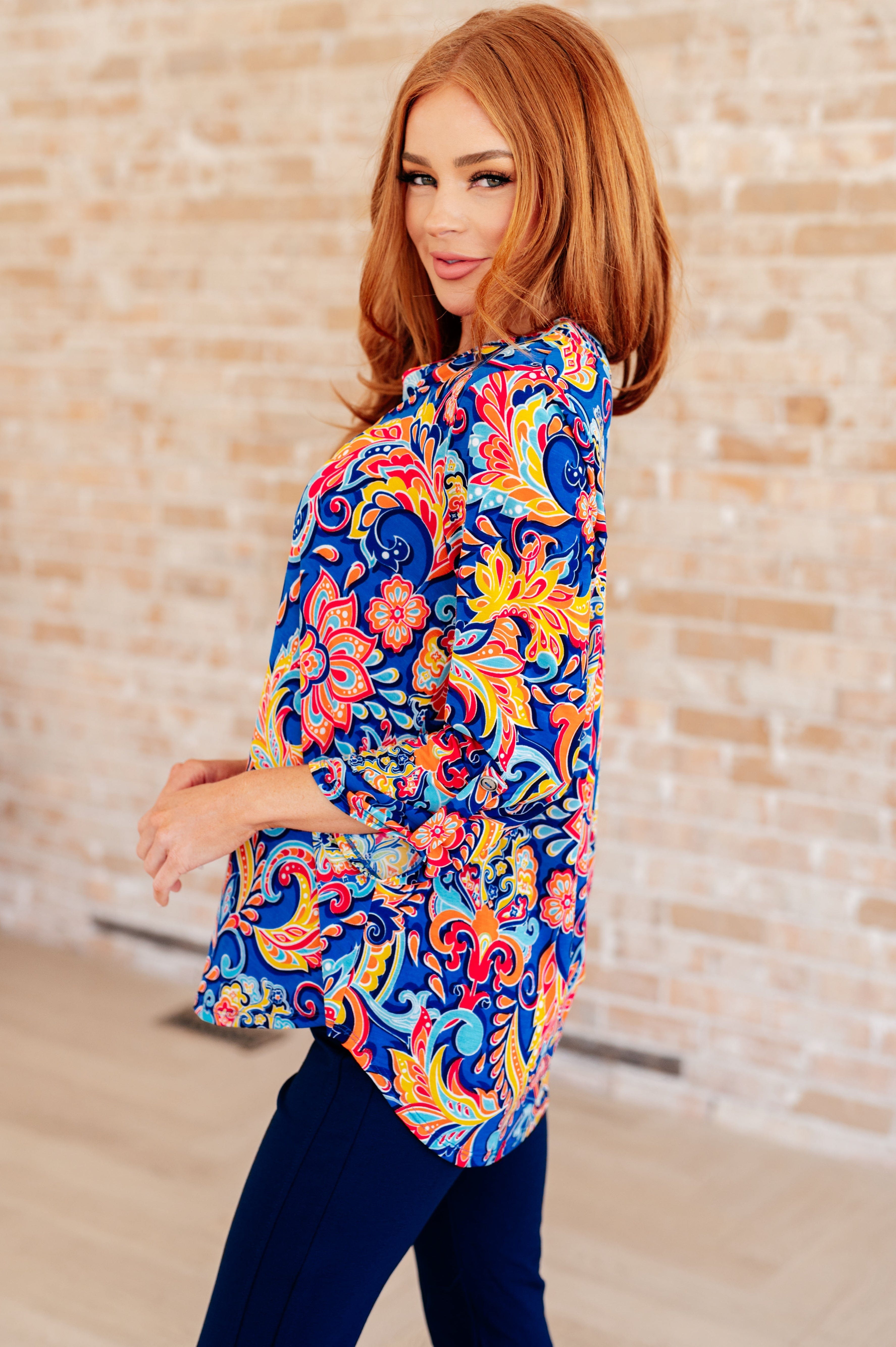 Lizzy Top in Royal and Orange Paisley-Tops-Stay Foxy Boutique, Florissant, Missouri