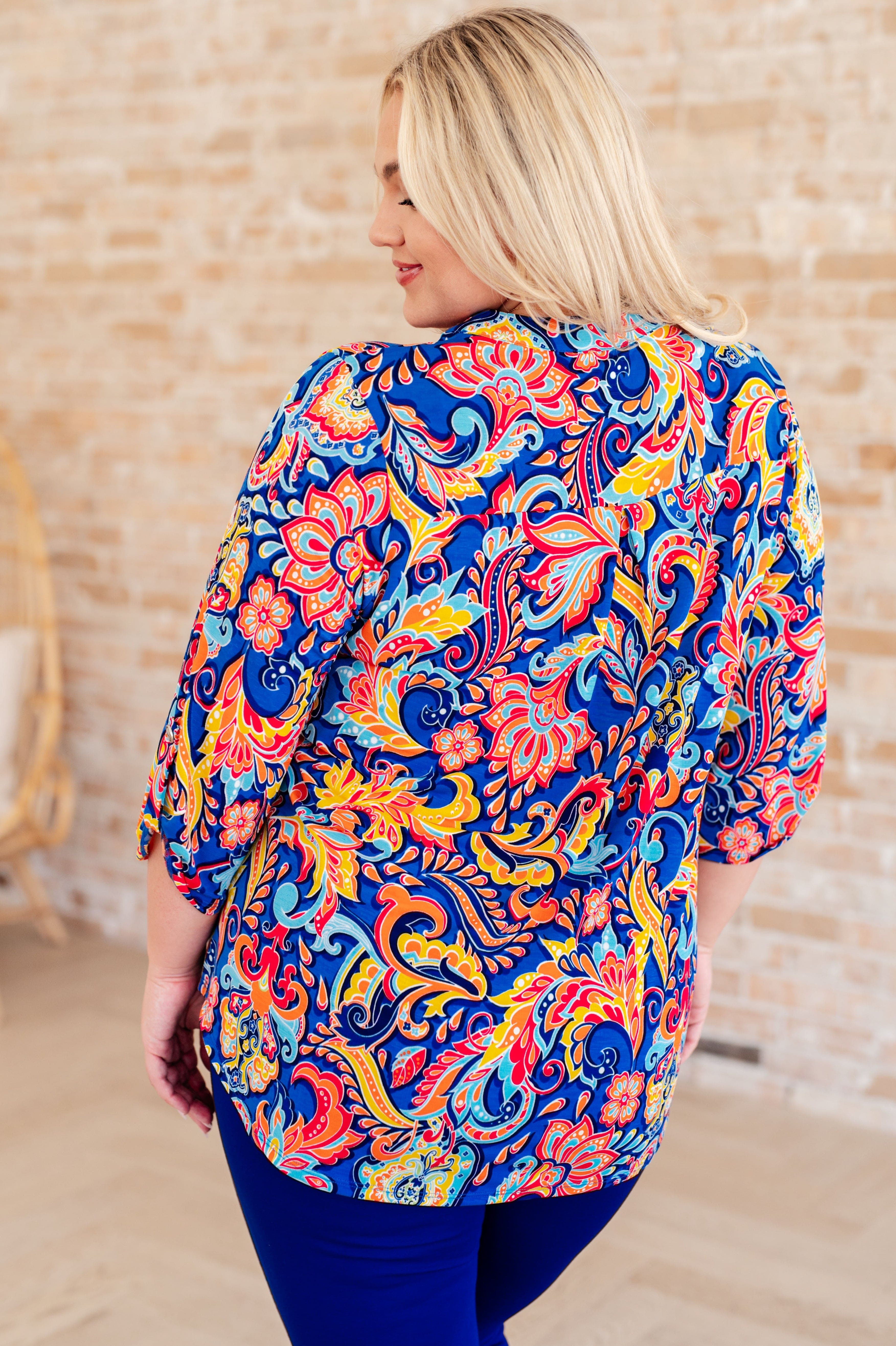 Lizzy Top in Royal and Orange Paisley-Tops-Stay Foxy Boutique, Florissant, Missouri