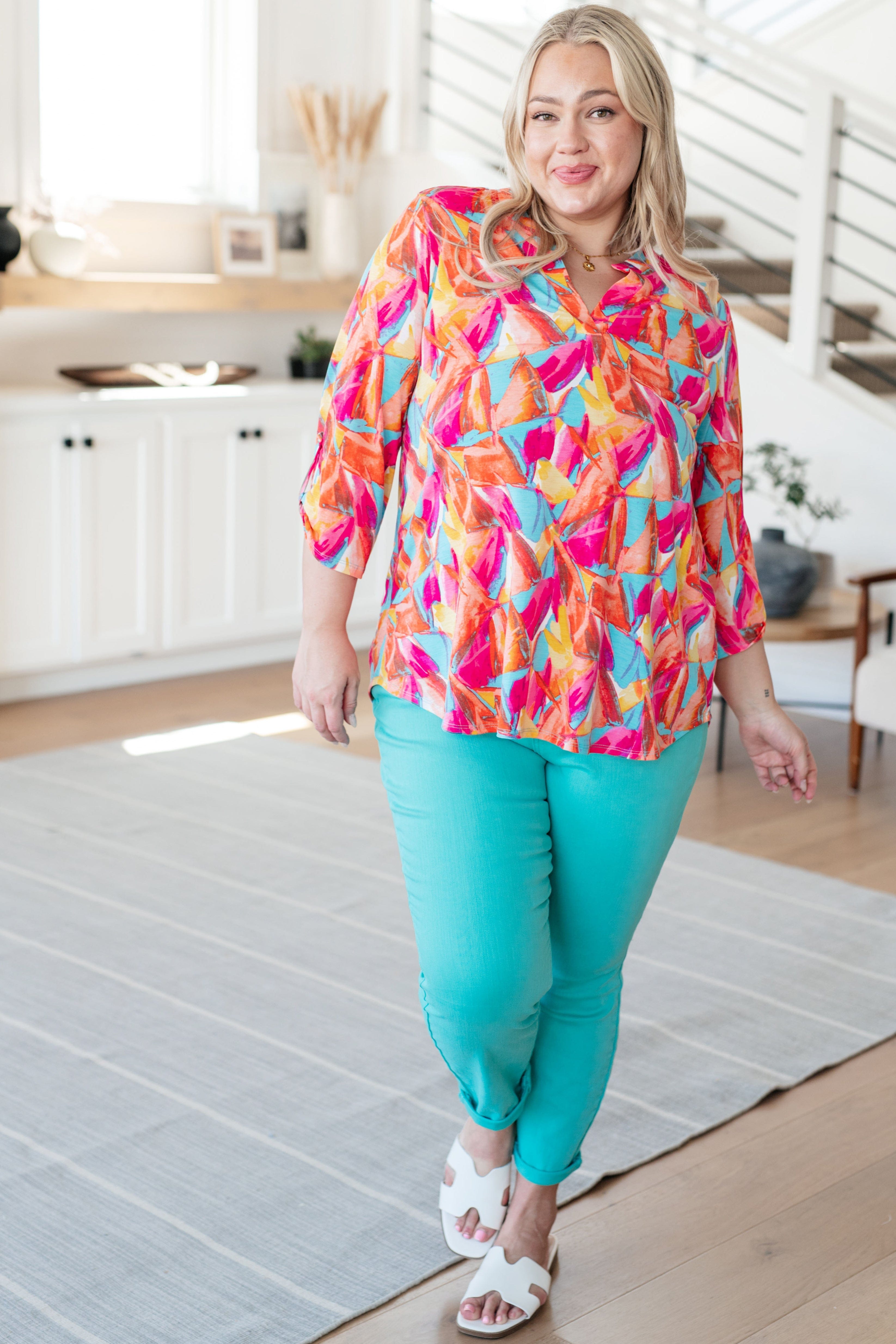 Lizzy Top in Teal and Hot Pink Abstract Fans-Tops-Stay Foxy Boutique, Florissant, Missouri