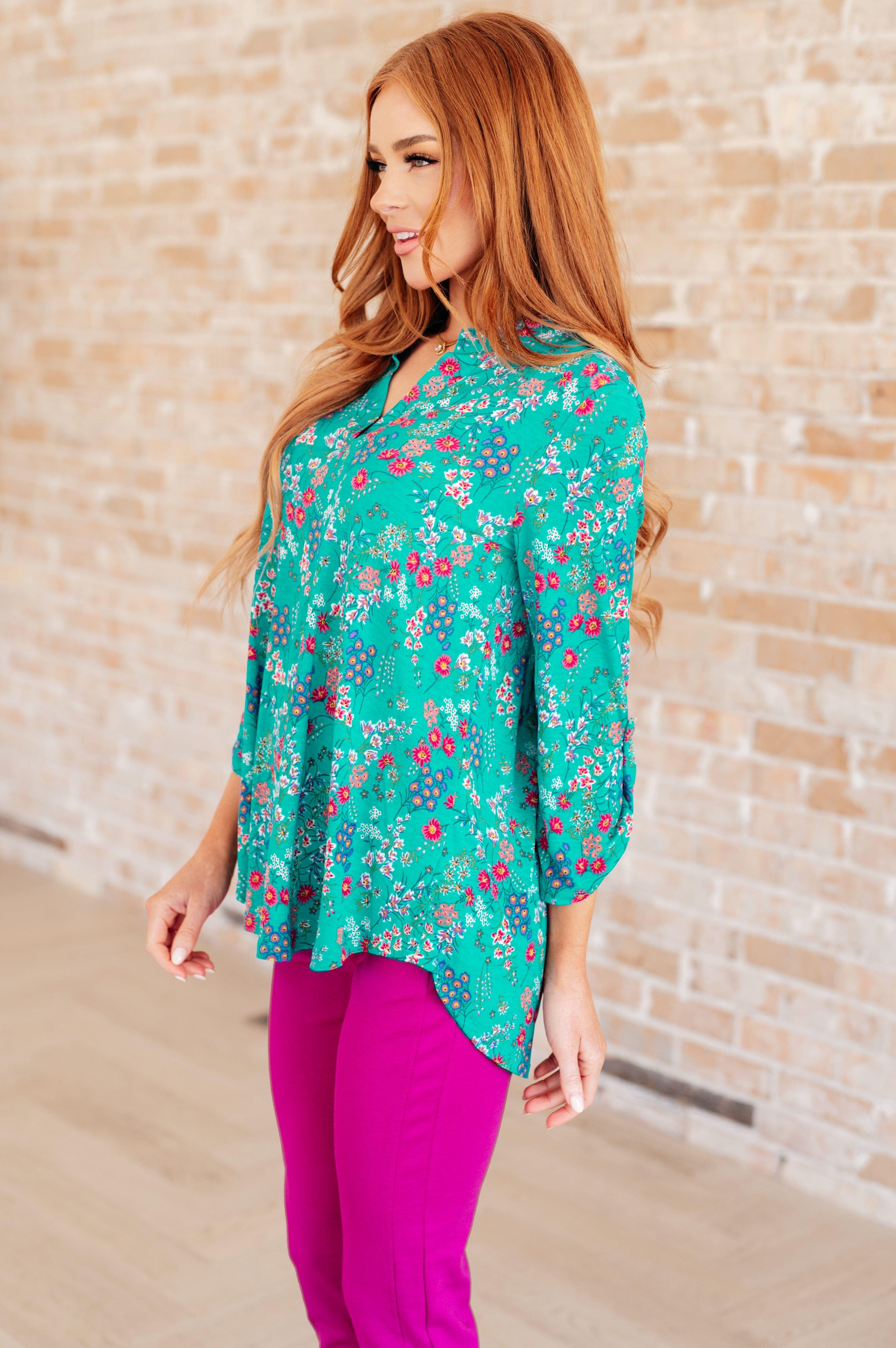 Lizzy Top in Teal and Lavender Wildflowers-Tops-Stay Foxy Boutique, Florissant, Missouri